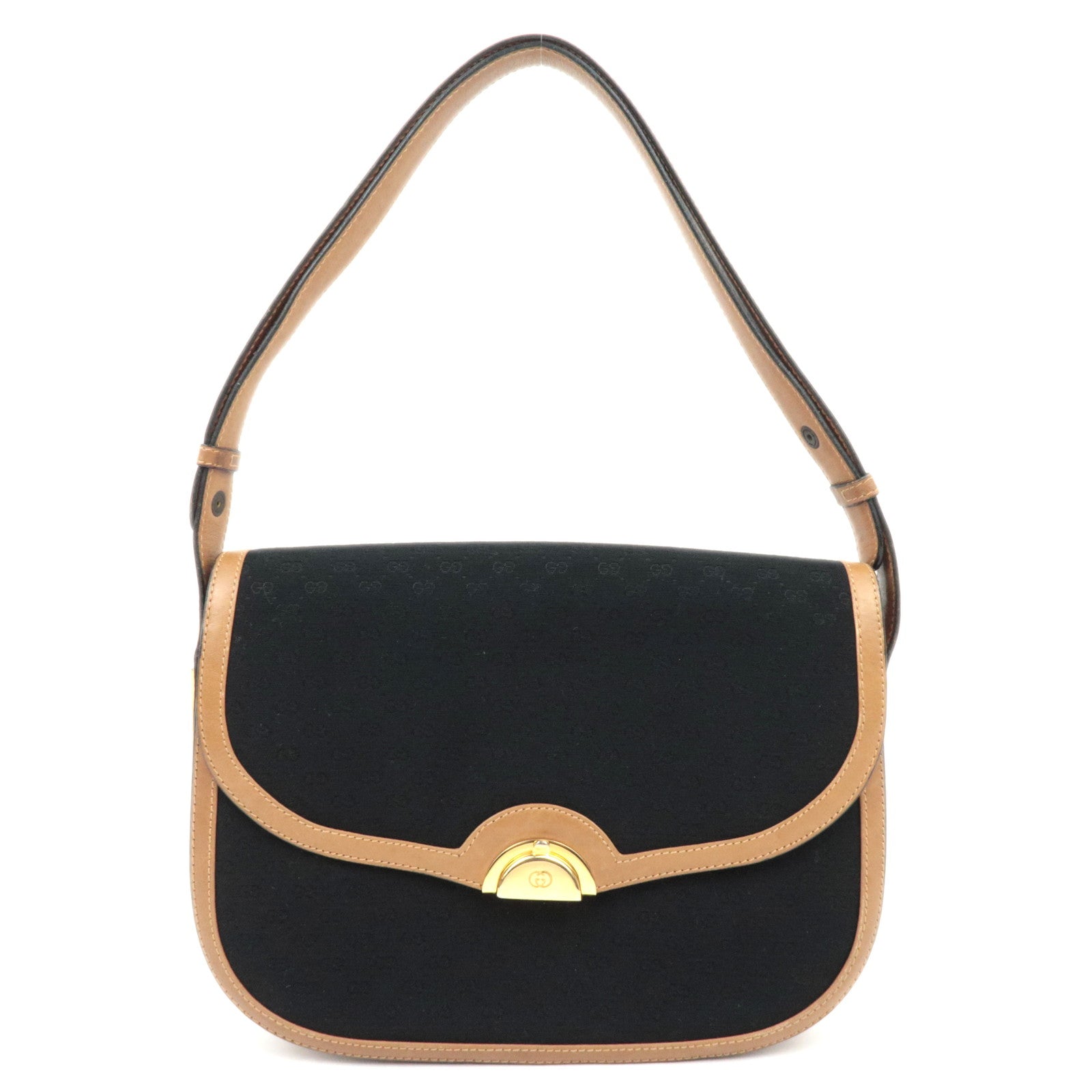 GUCCI Old Gucci Micro GG Canvas Leather Shoulder Bag Black Brown