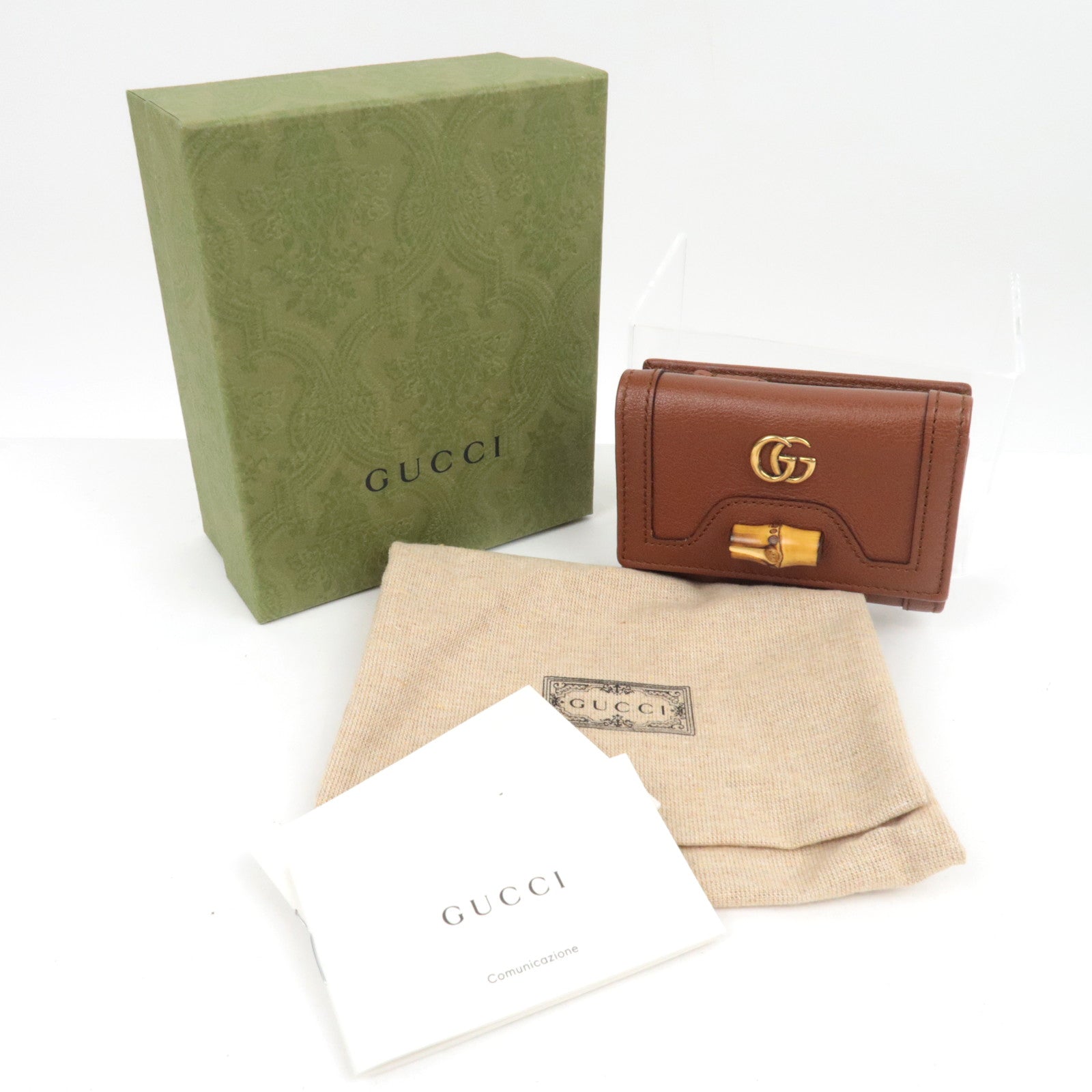 GUCCI Bamboo Diana leren drievoudige portemonnee bruin *Doos, stofzak