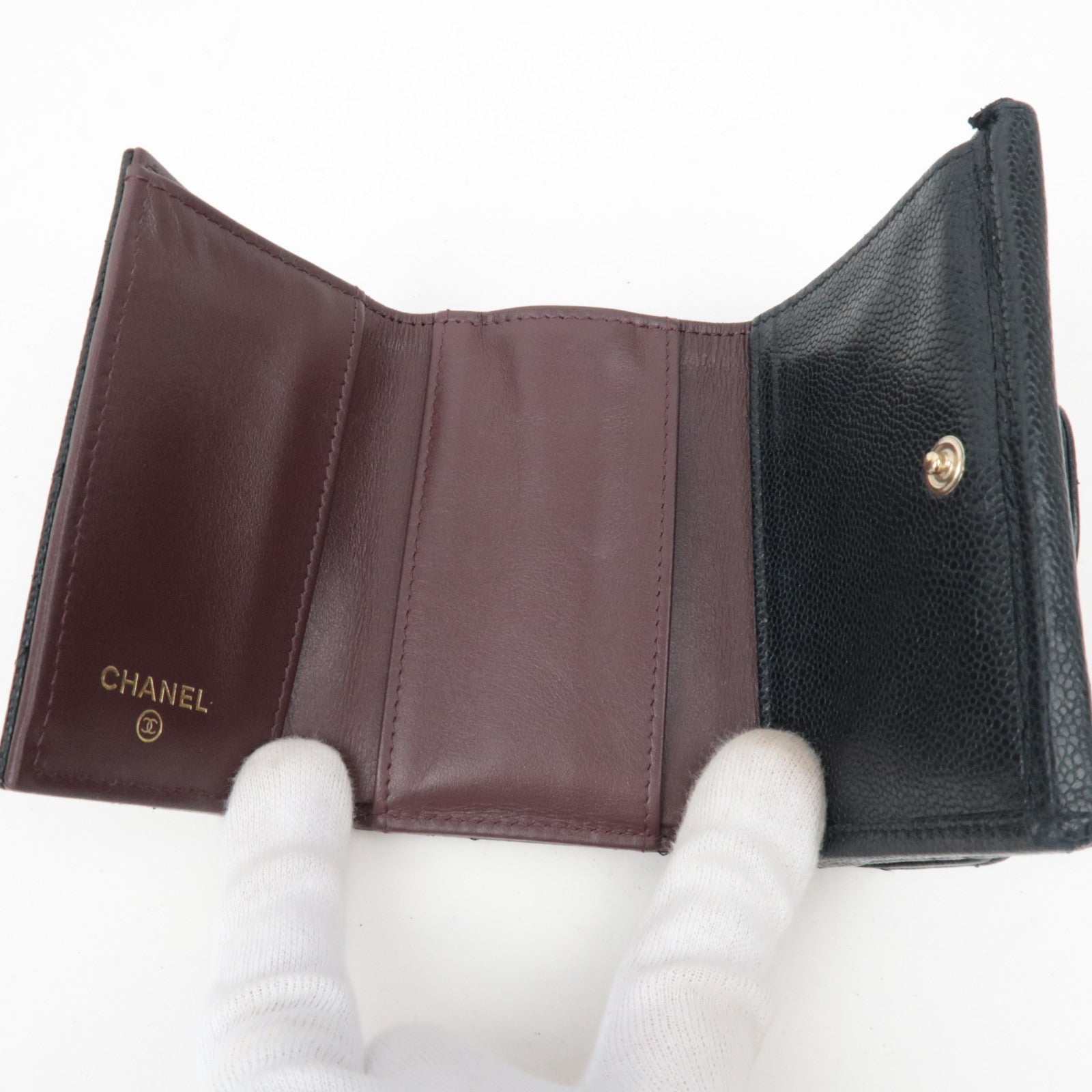 CHANEL Caviarskin Trifold Wallet Kleine Flap Portemonnee Zwart E1X0XT95