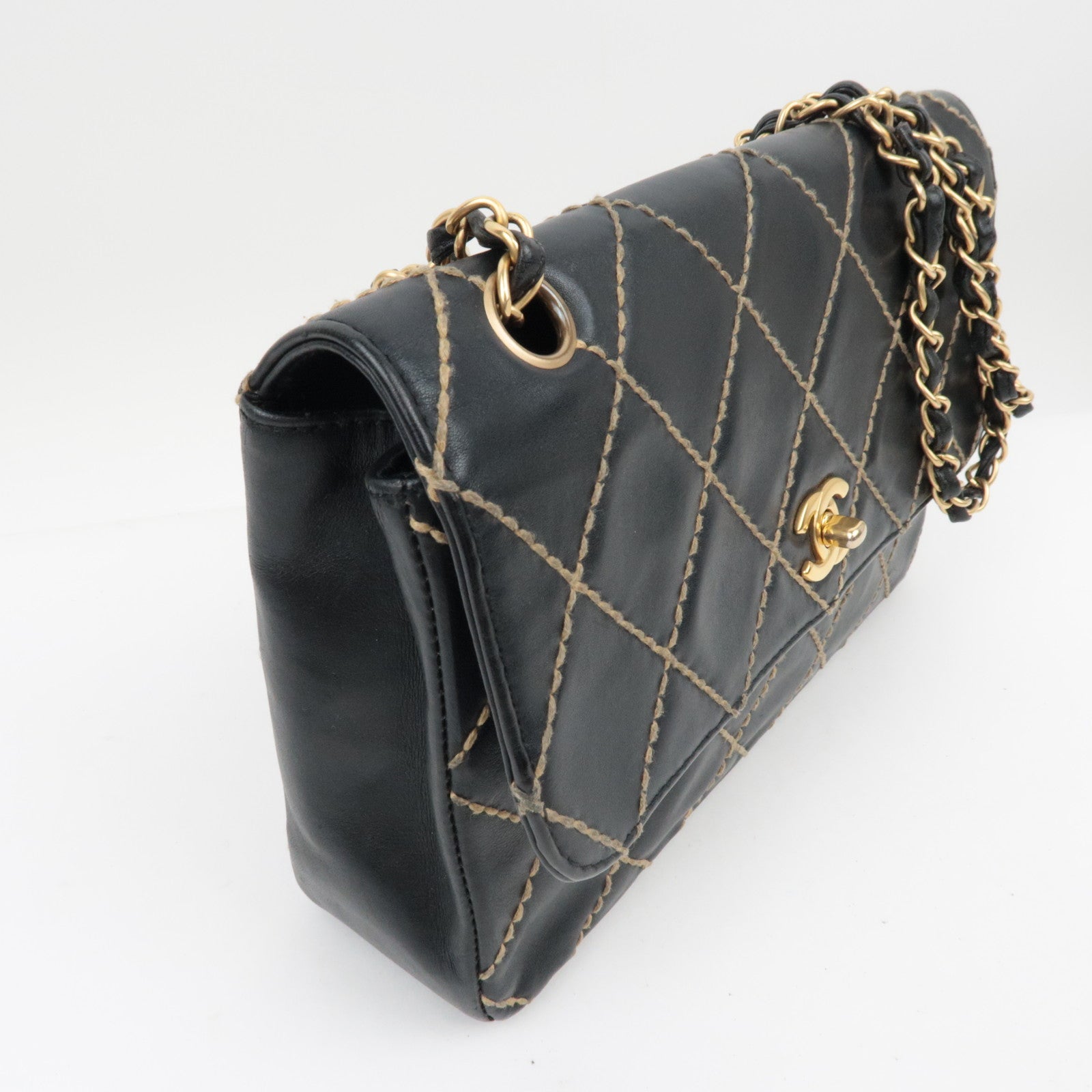 CHANEL WildStitch Leather W Chain Bag Black Gold HDW A14687 *Dust bag, G Card