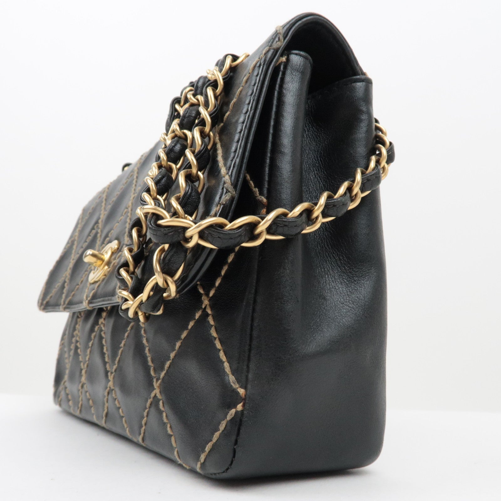 CHANEL WildStitch Leather W Chain Bag Black Gold HDW A14687 *Dust bag, G Card