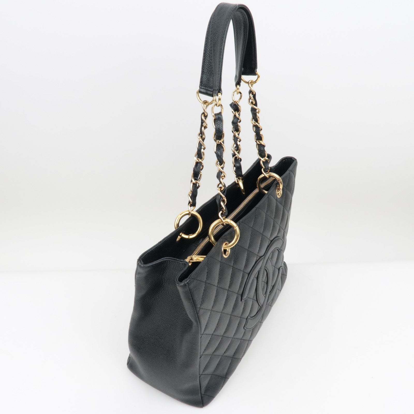 CHANEL Caviar Skin GST Chain Tote Bag Black Gold HDW A50995/8201624