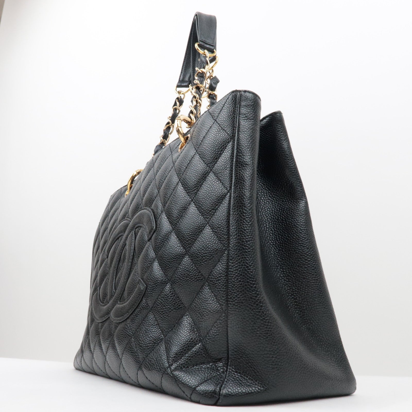 CHANEL Caviar Skin GST Chain Tote Bag Black Gold HDW A50995/8201624
