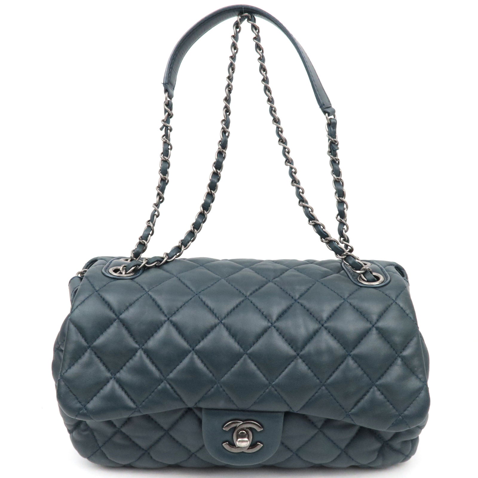 CHANEL Matelasse Lambskin Single Flap W Chain Bag Navy SV HDW *Dust bag, G Card