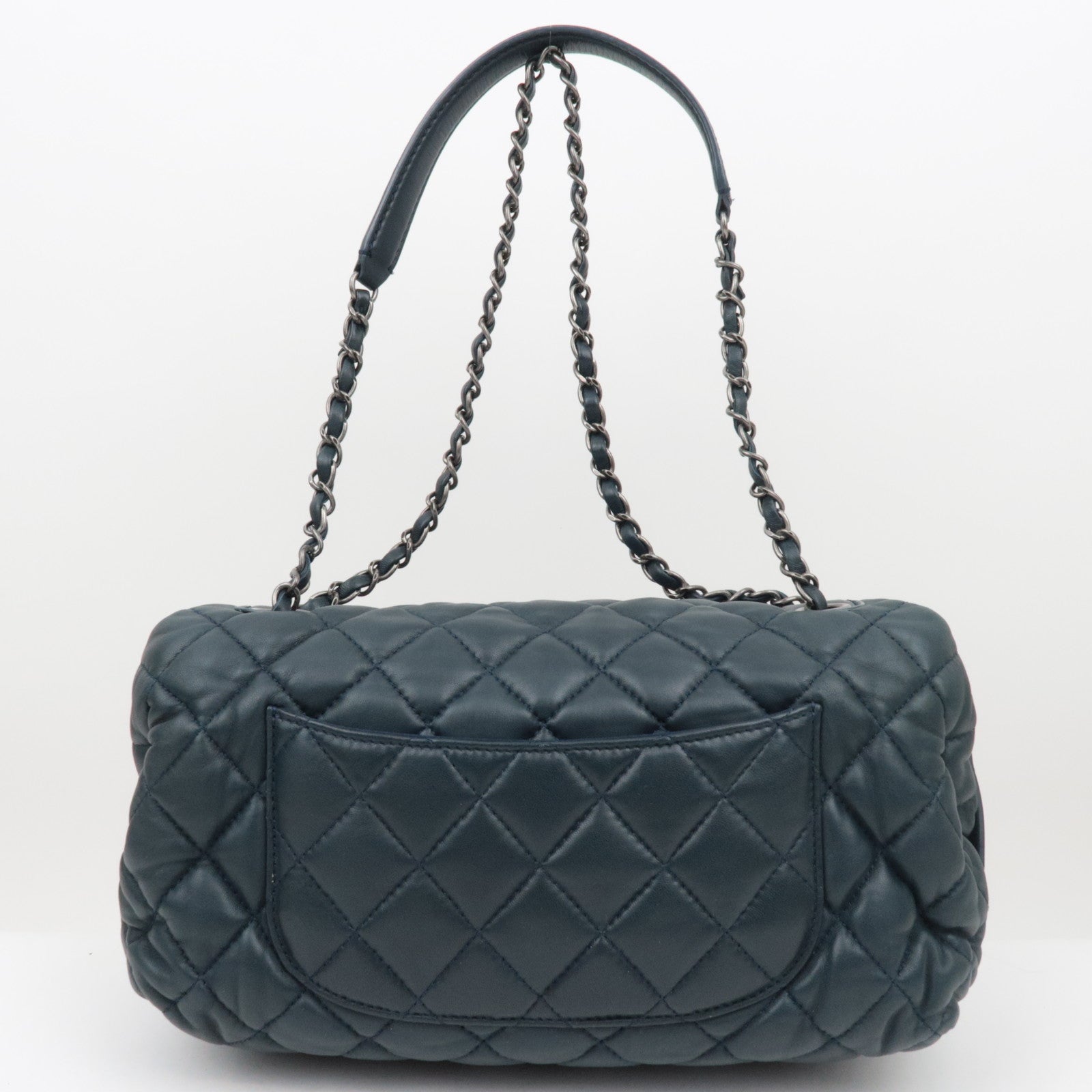 CHANEL Matelasse Lambskin Single Flap W Chain Bag Navy SV HDW *Dust bag, G Card