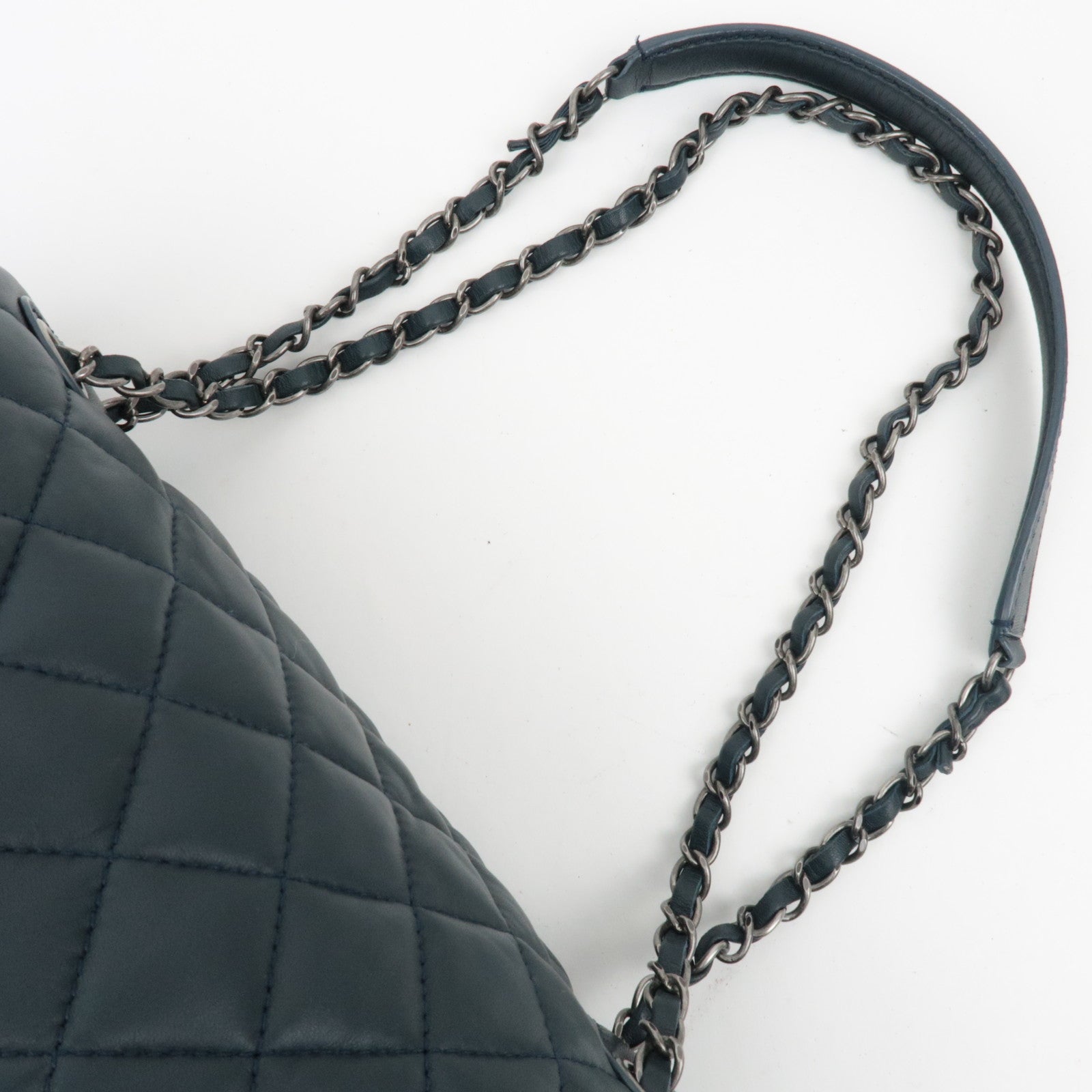 CHANEL Matelasse Lambskin Single Flap W Chain Bag Navy SV HDW *Dust bag, G Card