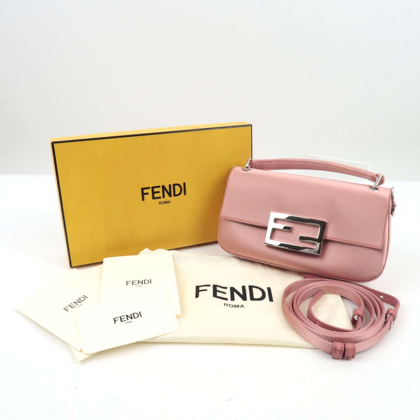FENDI Silk Baguette Phone Pouch Shoulder Bag Pink 7AS142 *Box, Dust bag