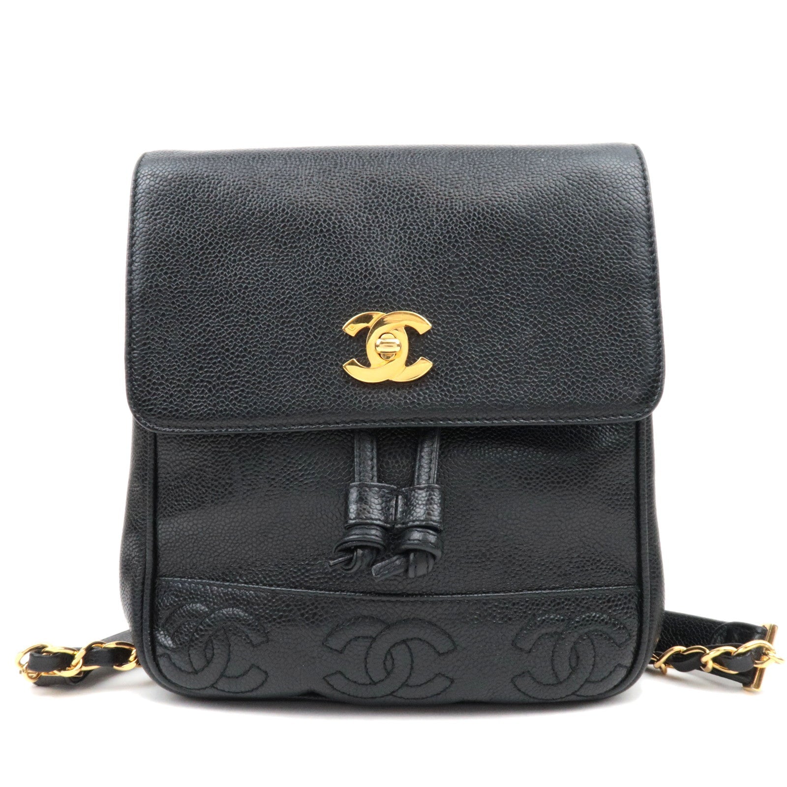 CAHENL Caviar Skin Caviar Skin Triple Coco Backpack Black A07266 *Dust Bag, G card