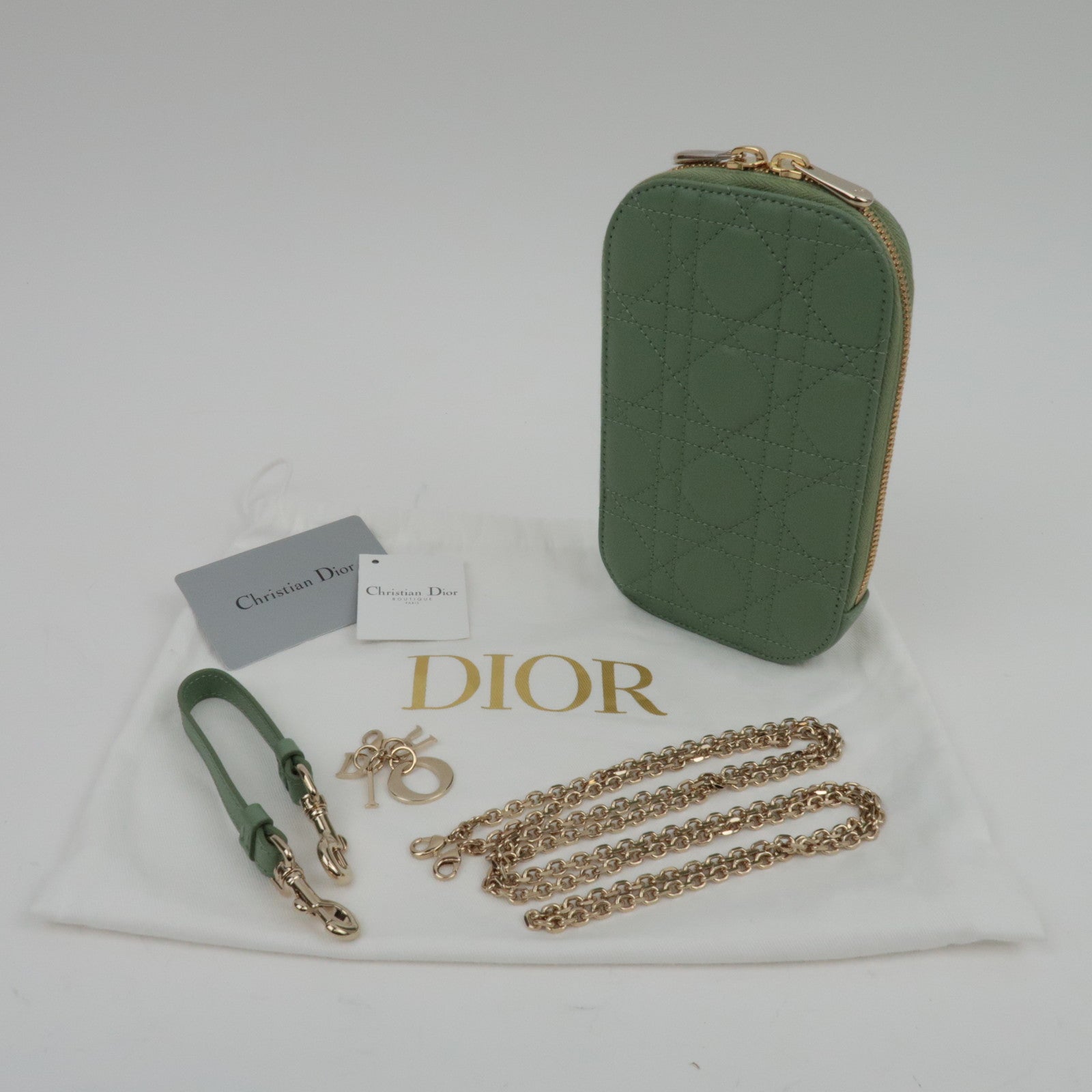 Christian Dior Cannage Lambskin Phone Holder Shoulder Bag Green *Dust bag, Strap, Chain strap, Charm