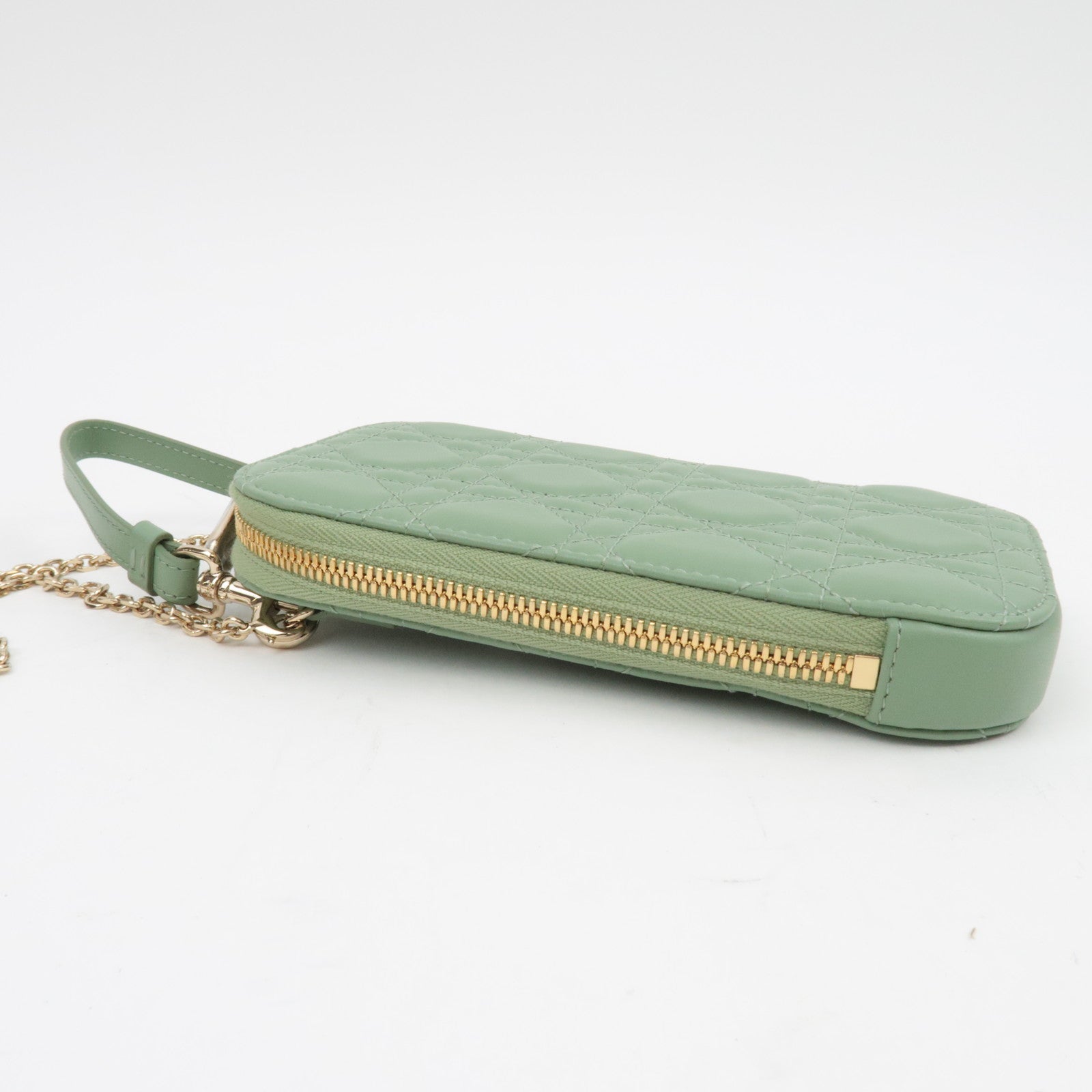 Christian Dior Cannage Lambskin Phone Holder Shoulder Bag Green *Dust bag, Strap, Chain strap, Charm