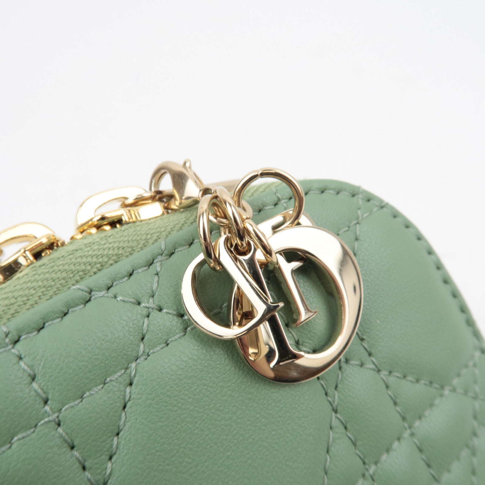 Christian Dior Cannage Lambskin Phone Holder Shoulder Bag Green *Dust bag, Strap, Chain strap, Charm