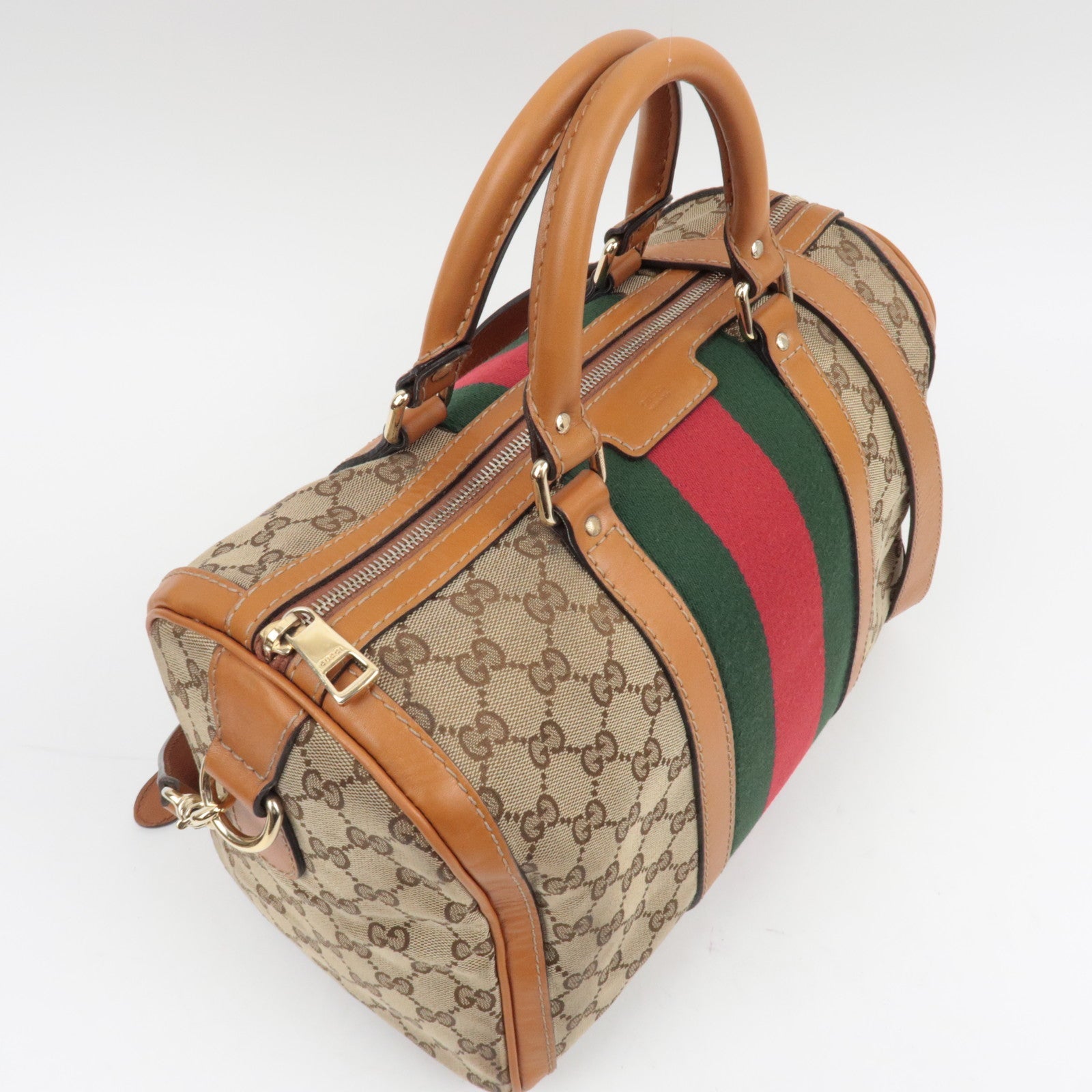 GUCCI Sherry GG canvas leren 2WAY Boston tas beige bruin 247205 *band