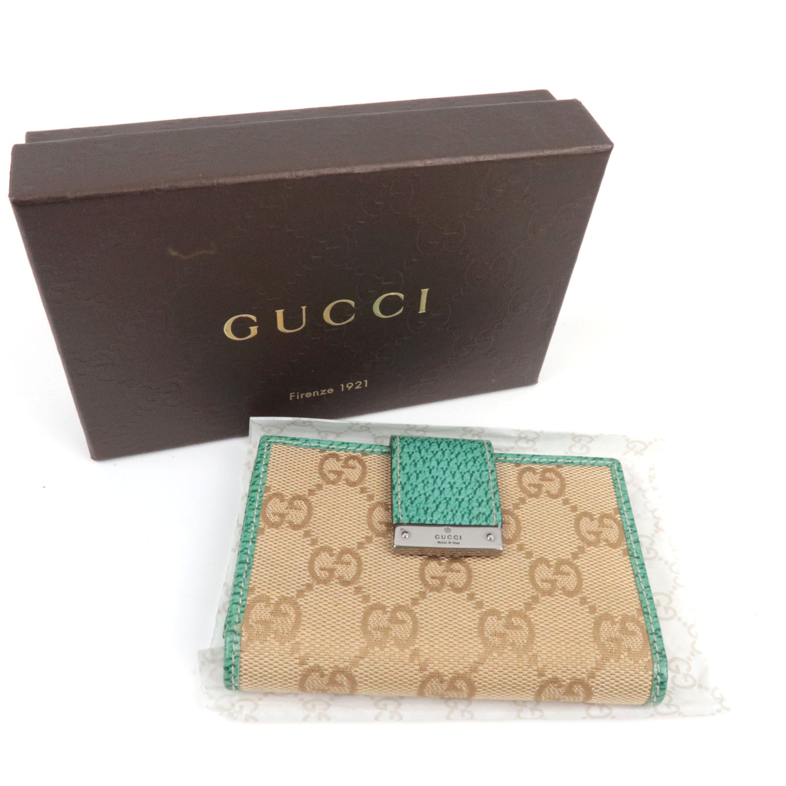 GUCCI Kaarthouder GG Canvas Leer Beige Turquoise 118100 *Box