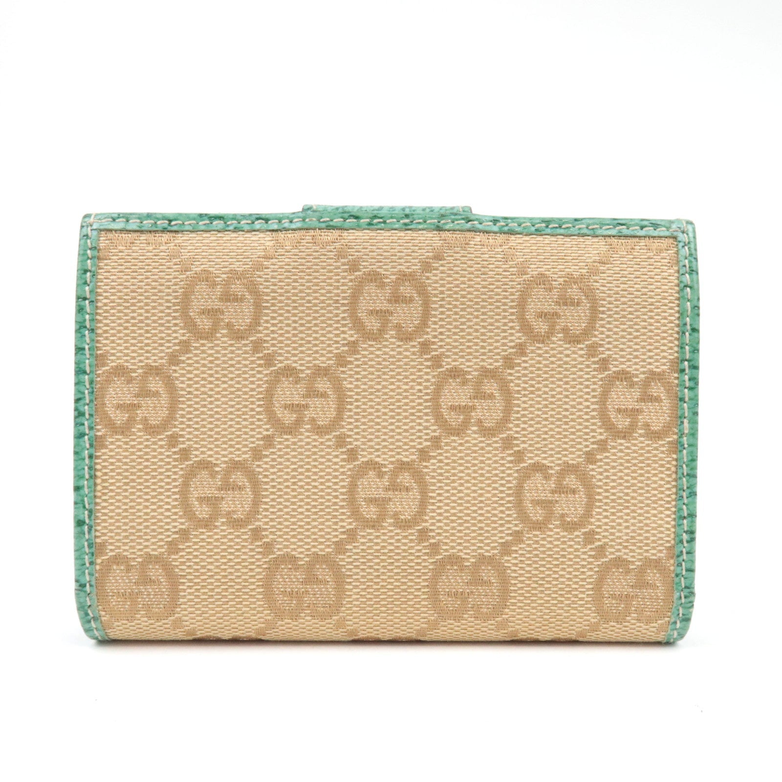 GUCCI Card Case GG Canvas Leather Beige Turquoise 118100 *Box