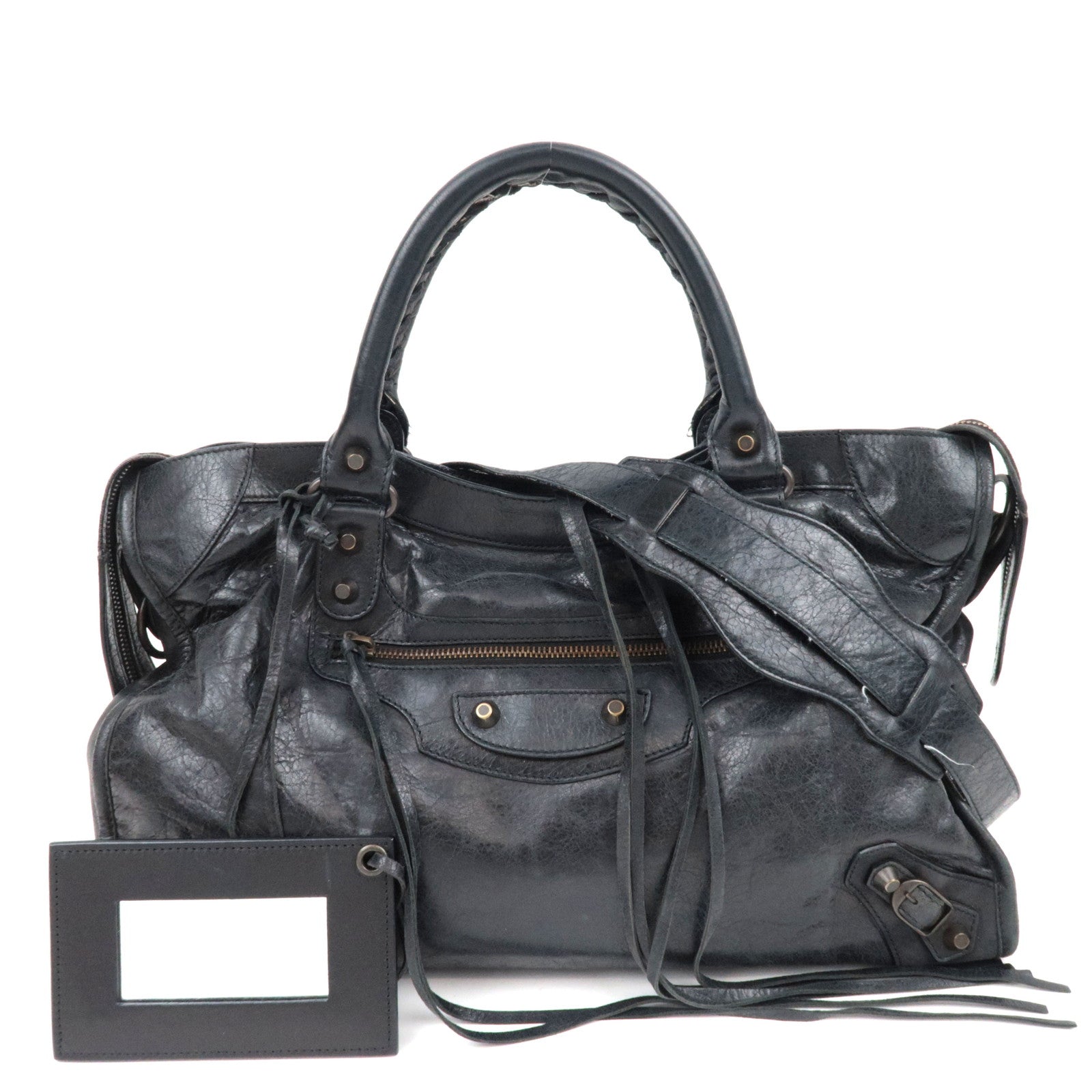 BALENCIAGA The City 2Way Bag Leather Black 115748 *dust bag, strap, mirror72474