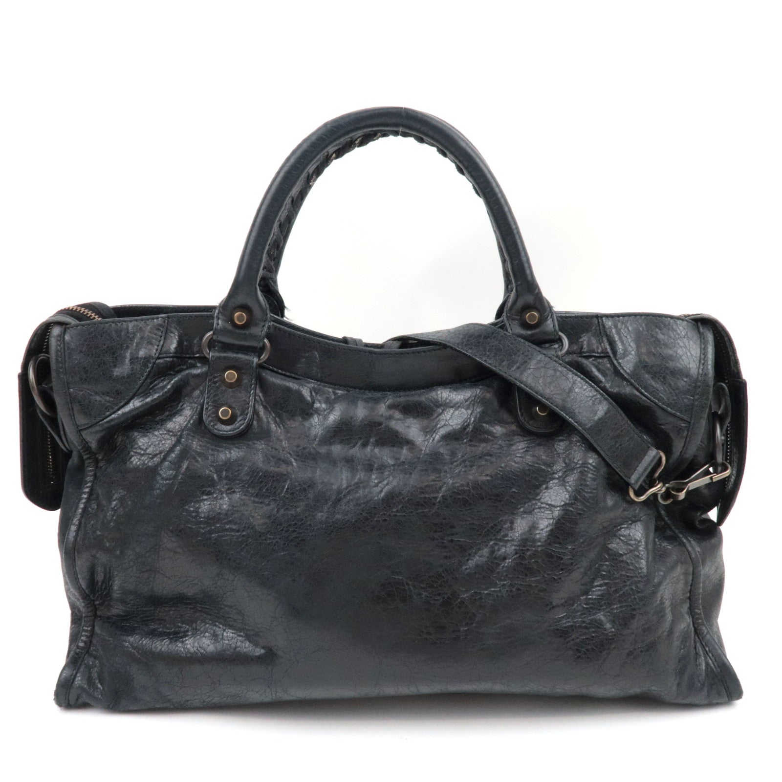 BALENCIAGA The City 2Way Bag Leather Black 115748 *dust bag, strap, mirror