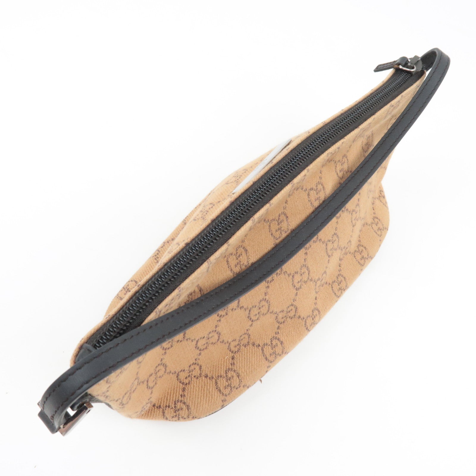 GUCCI Boat Bag Handtas Pouch GG Canvas Leer Beige Zwart 07198