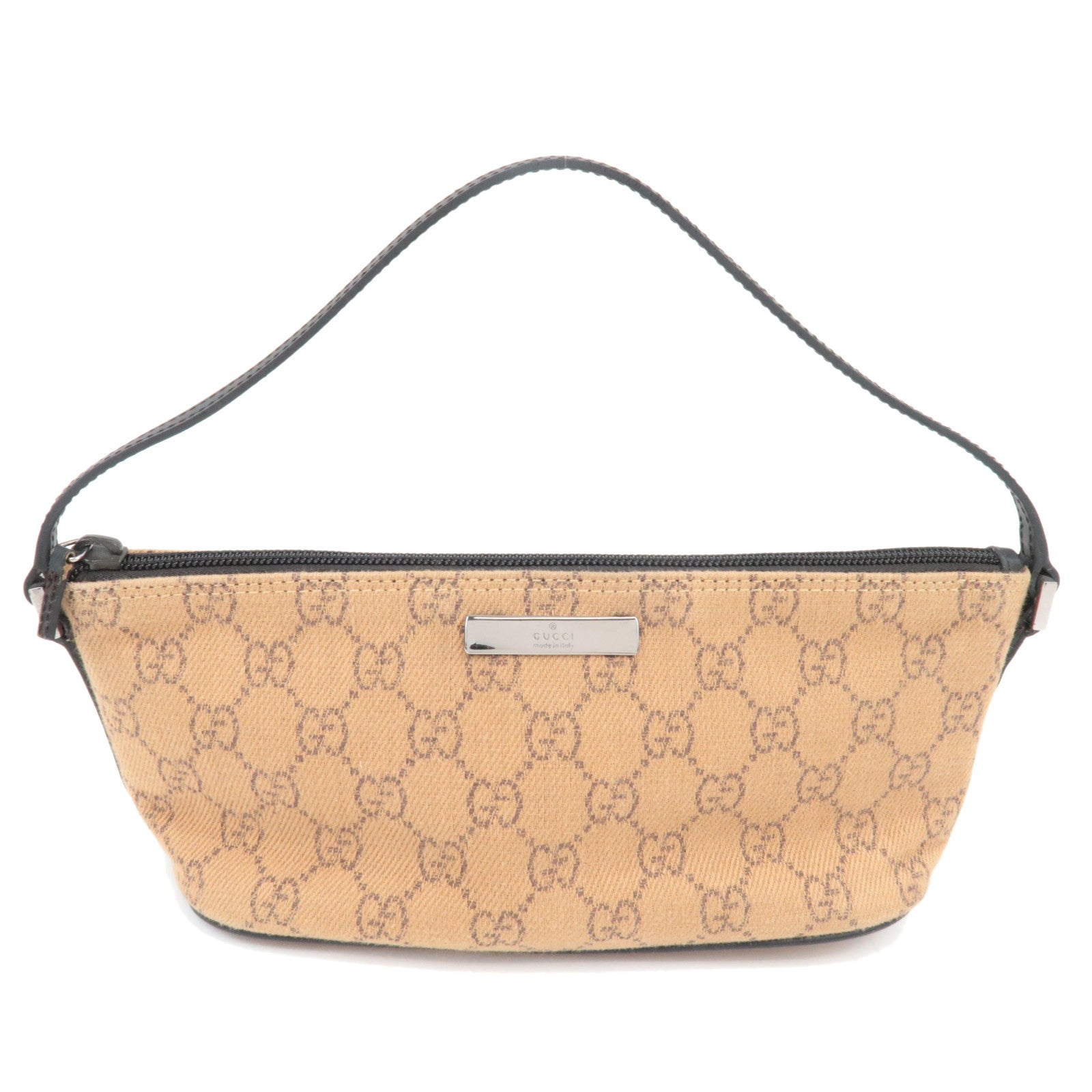 GUCCI Boat Bag Handbag Pouch GG Canvas Leather Beige Black 0719873402