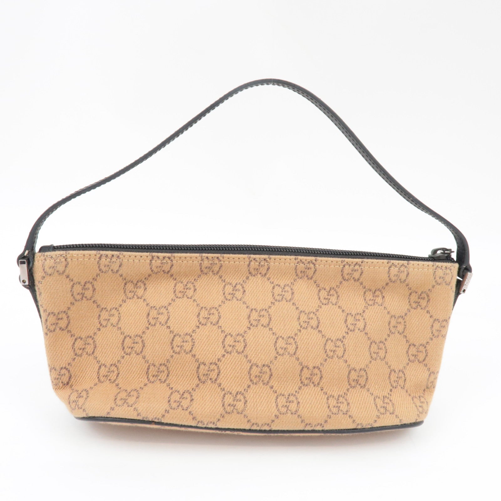 GUCCI Boat Bag Handbag Pouch GG Canvas Leather Beige Black 07198