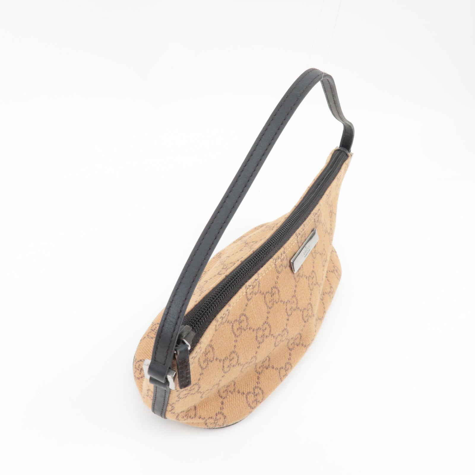 GUCCI Boat Bag Handtas Pouch GG Canvas Leer Beige Zwart 07198