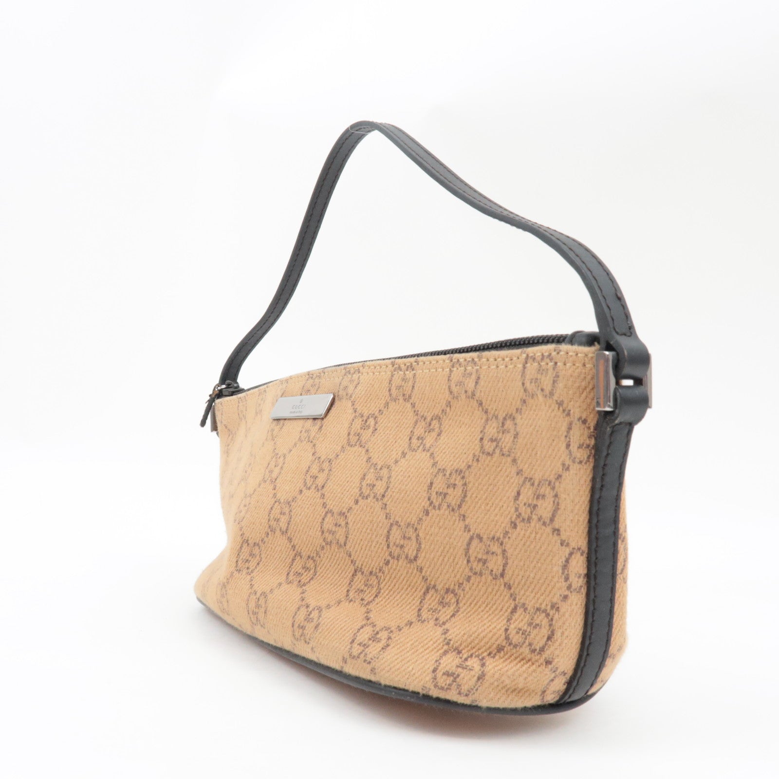 GUCCI Boat Bag Handtas Pouch GG Canvas Leer Beige Zwart 07198