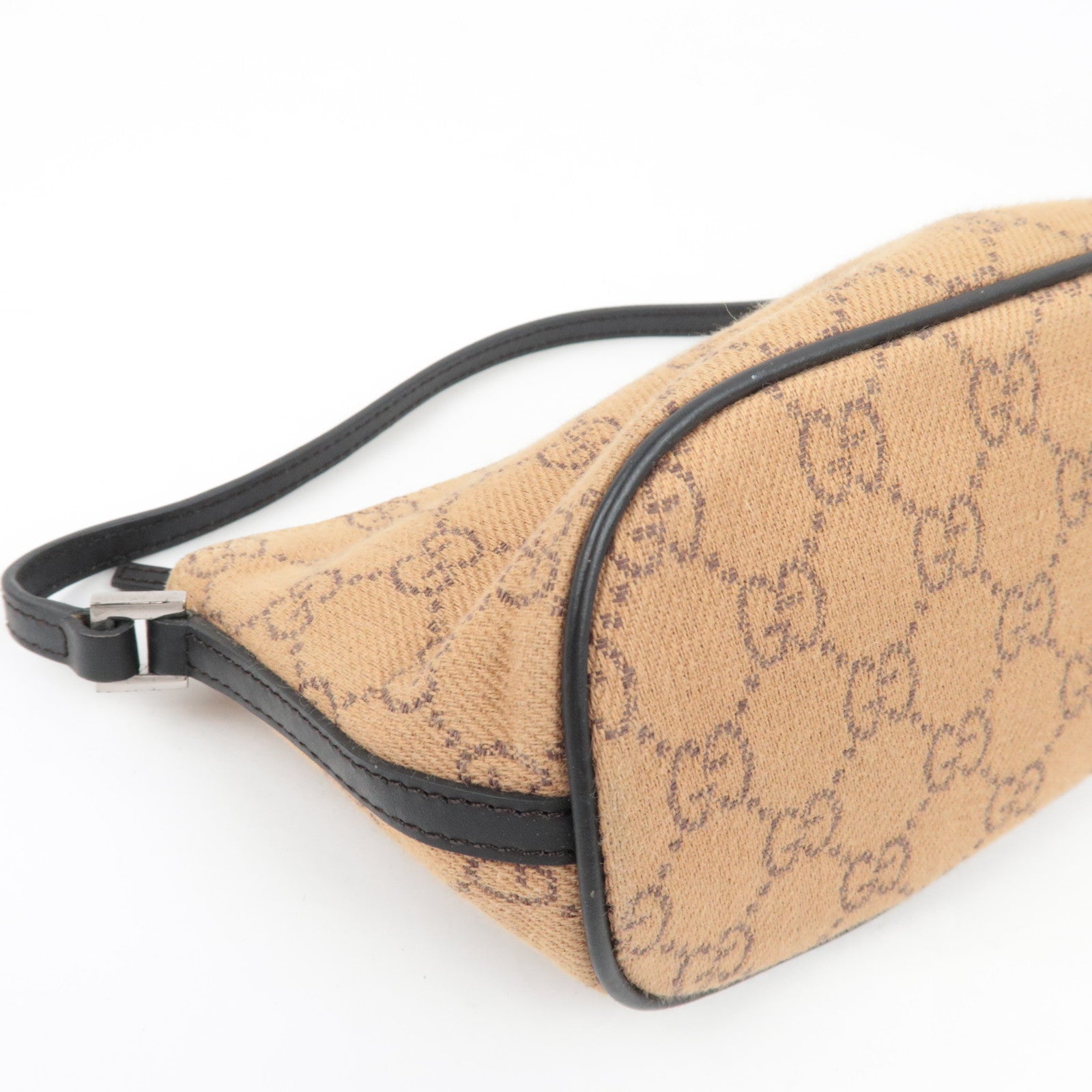 GUCCI Boat Bag Handtas Pouch GG Canvas Leer Beige Zwart 07198