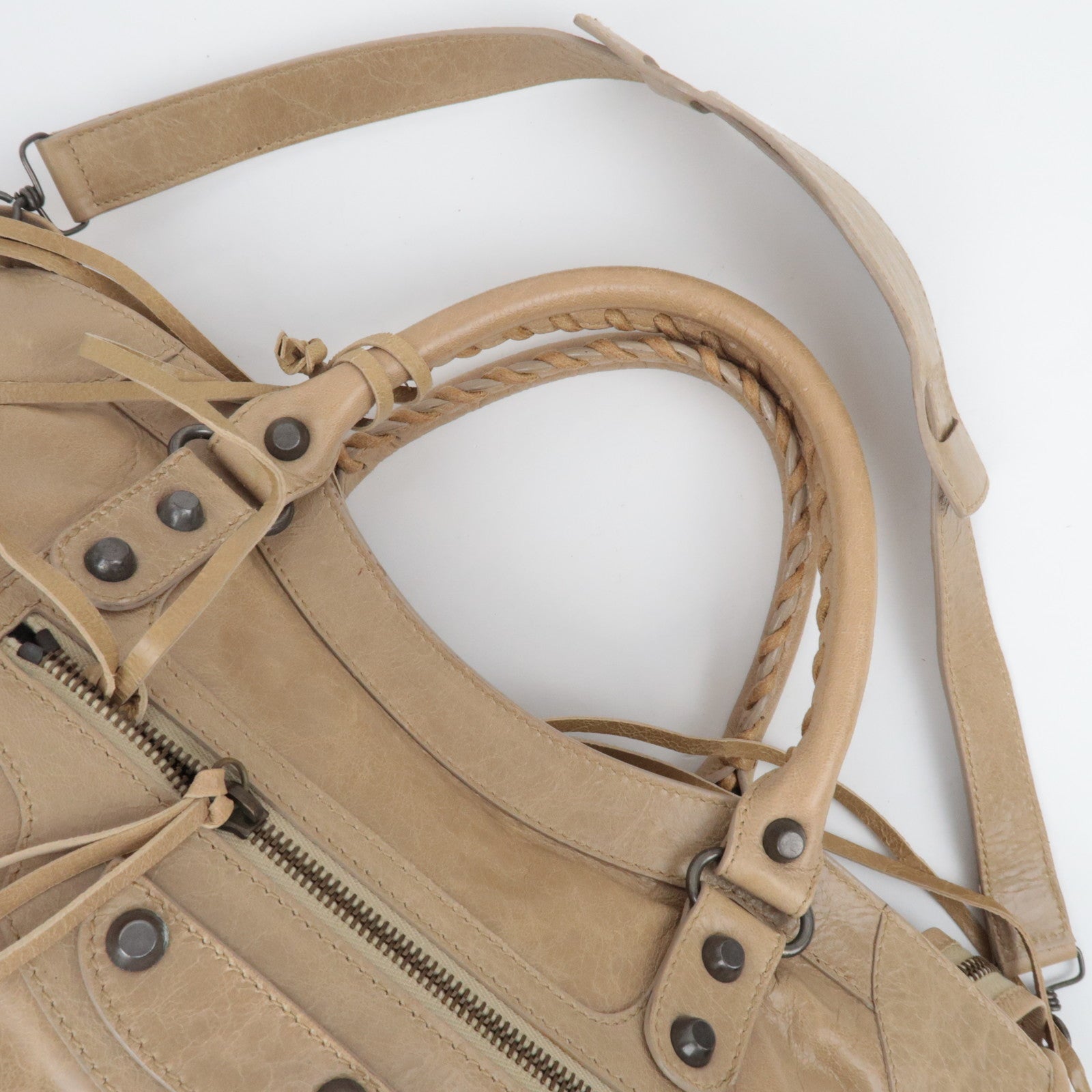 BALENCIAGA The City 2Way Handbag Leather Beige 115748 *Strap, Mirror