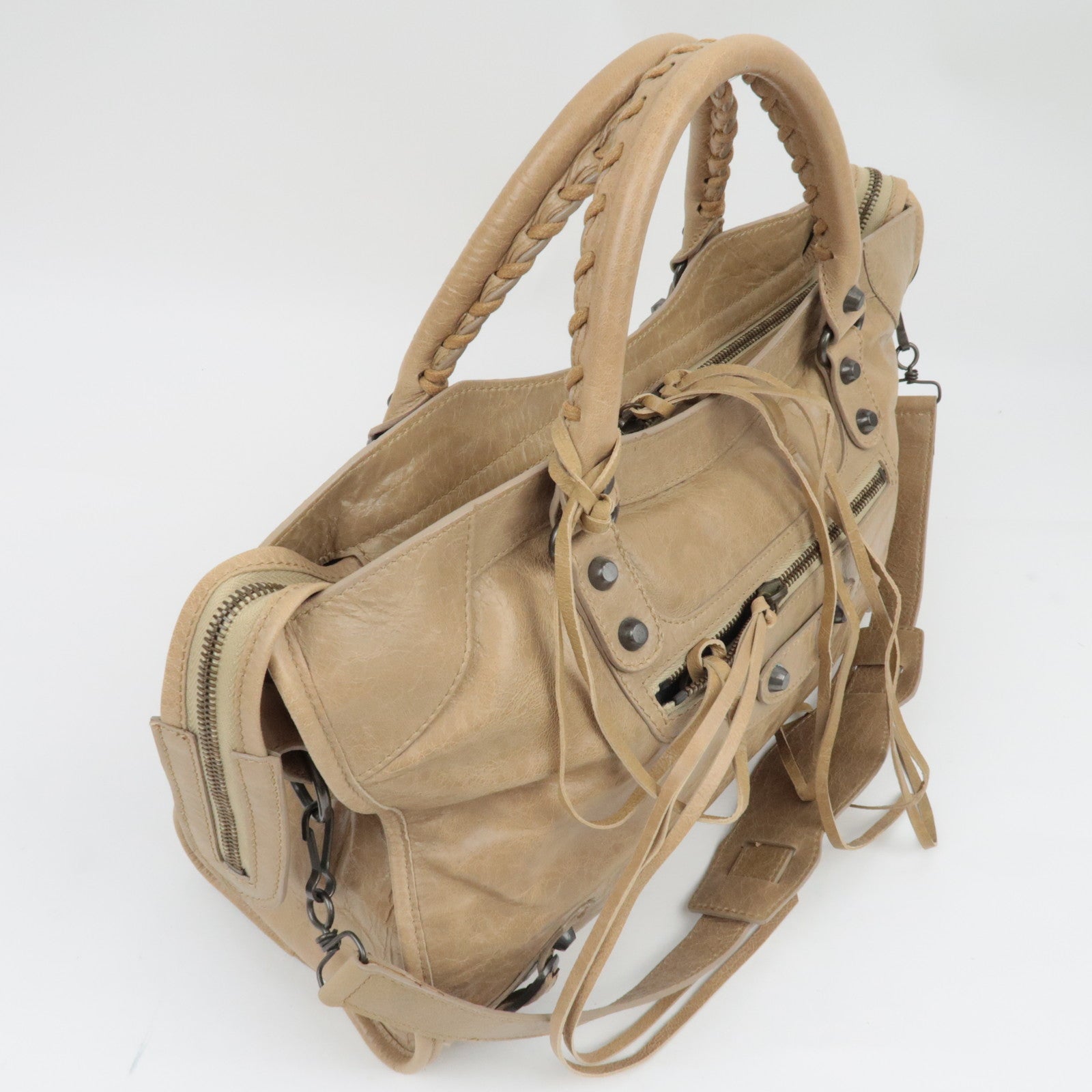 BALENCIAGA The City 2Way Handbag Leather Beige 115748 *Strap, Mirror