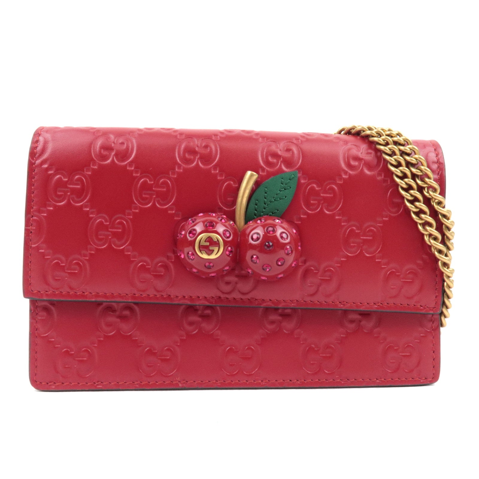 GUCCI Guccissima Cherry Chain Shoulder Bag Leather Red 481291 *Dust bag74361