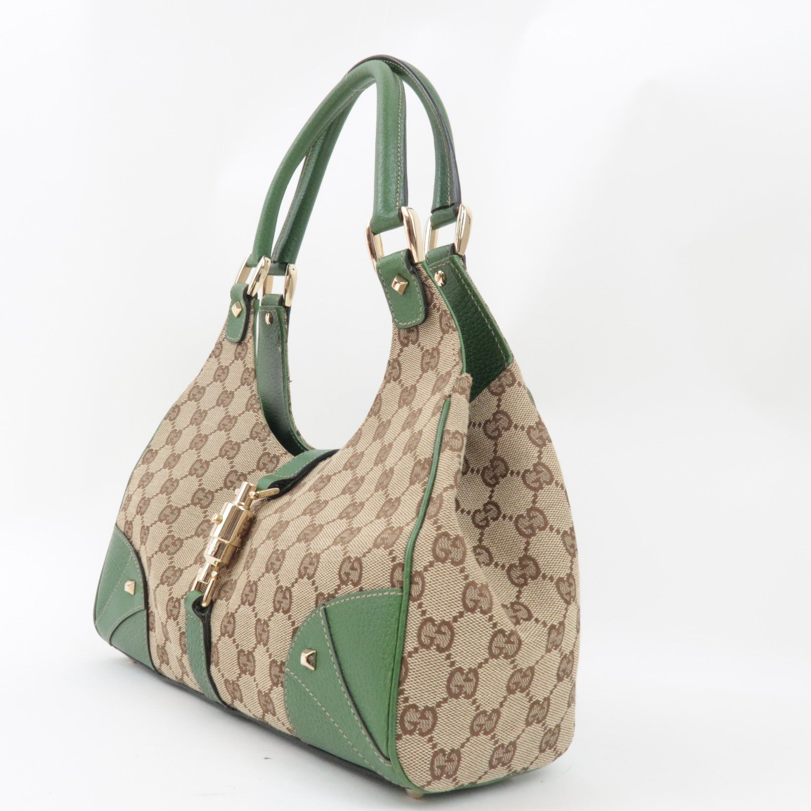 GUCCI New Jackie Schoudertas GG Canvas Leer Beige Groen 124407