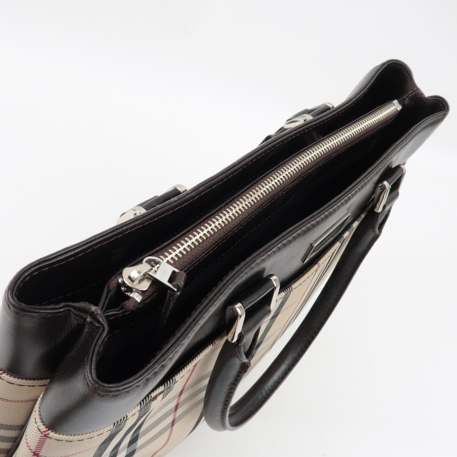 BURBERRY Nova Plaid Handbag Canvas Leather Beige Brown