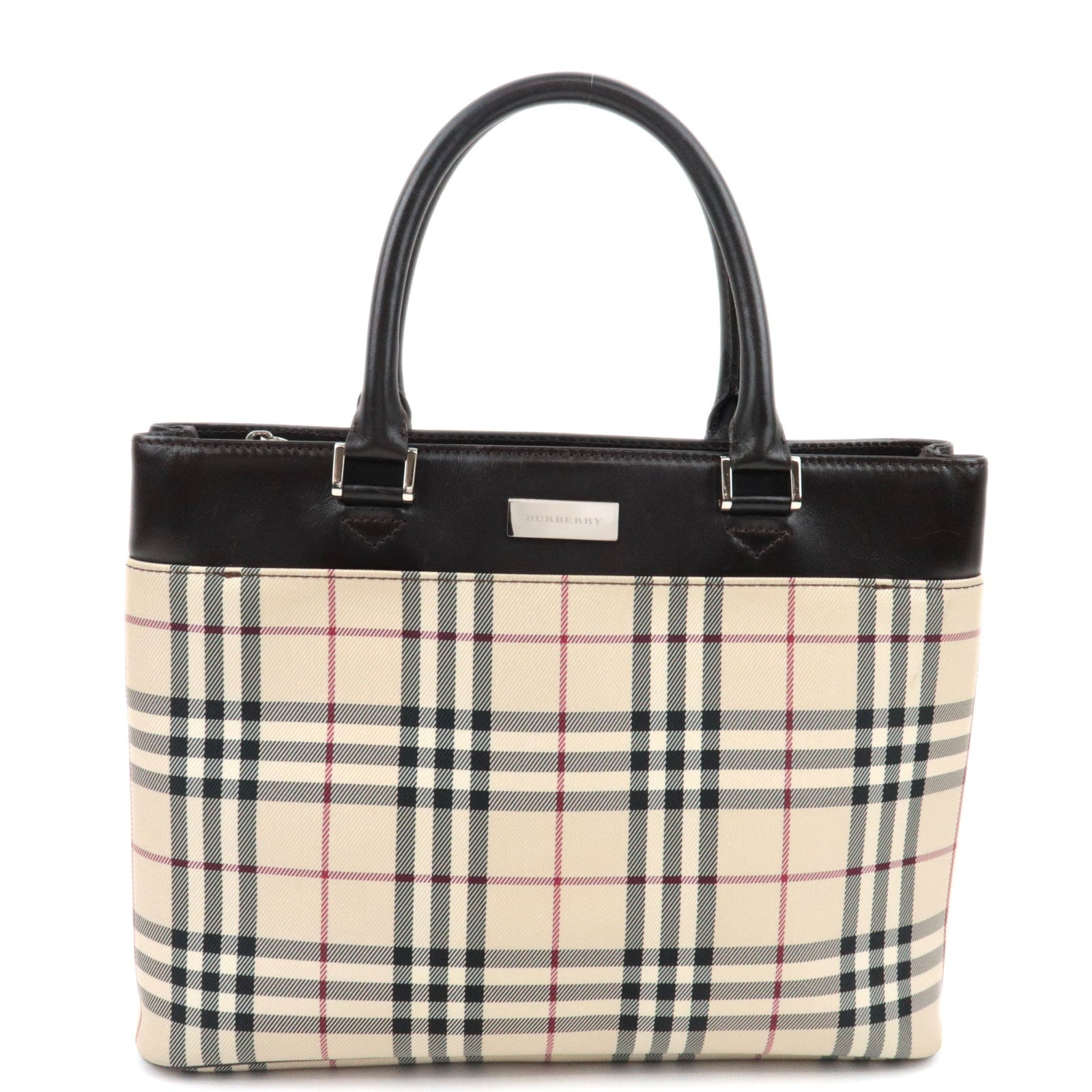 BURBERRY Nova Plaid Handbag Canvas Leather Beige Brown74769