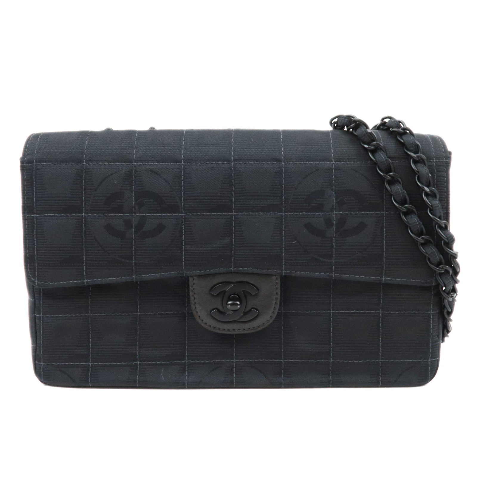 CHANEL New Travel Line Double Chain Shoulder Bag Nylon Jacquard Black *G card74841