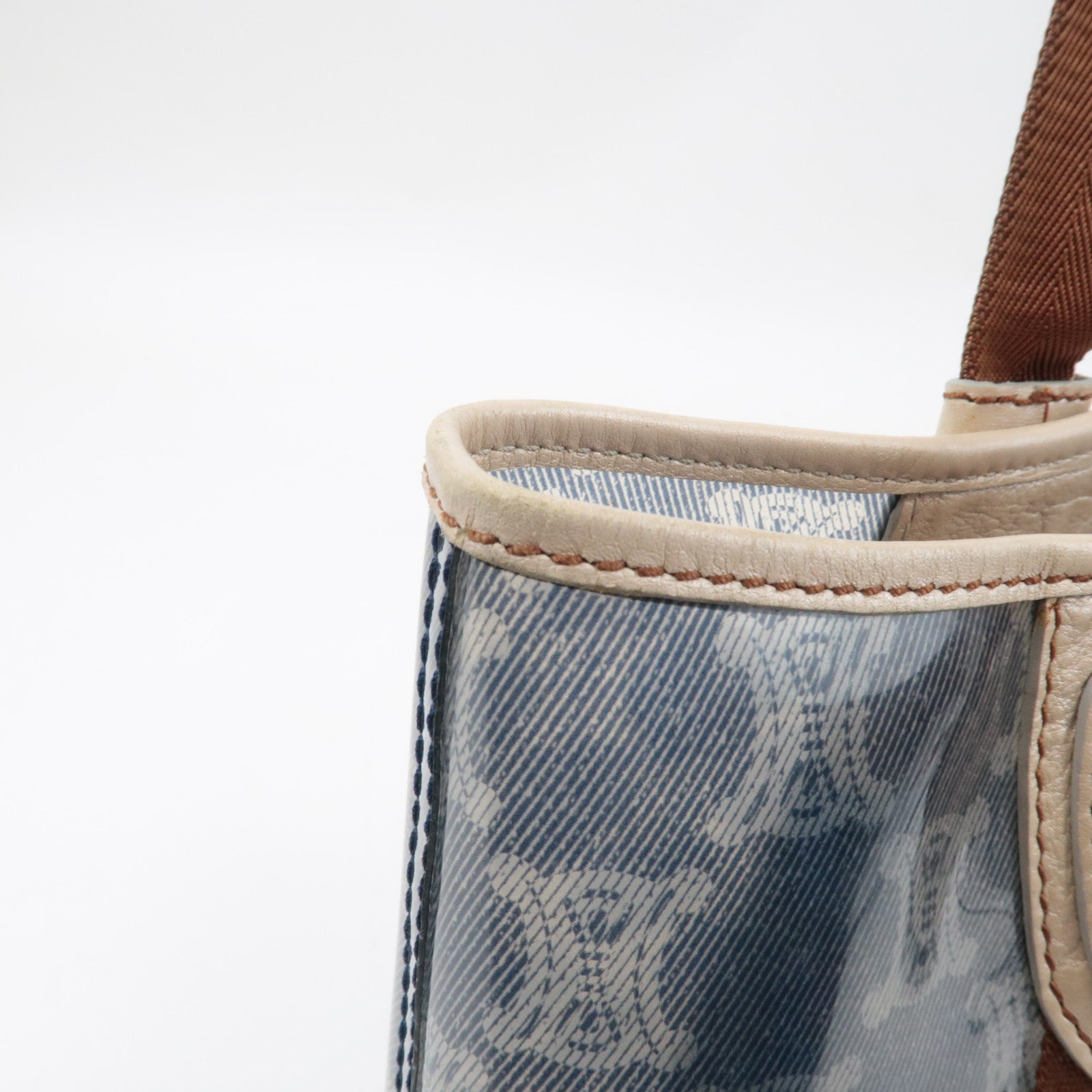 CELINE Macadam Tote Bag Vinyl Canvas Leather Clear Blue Brown *Pouch