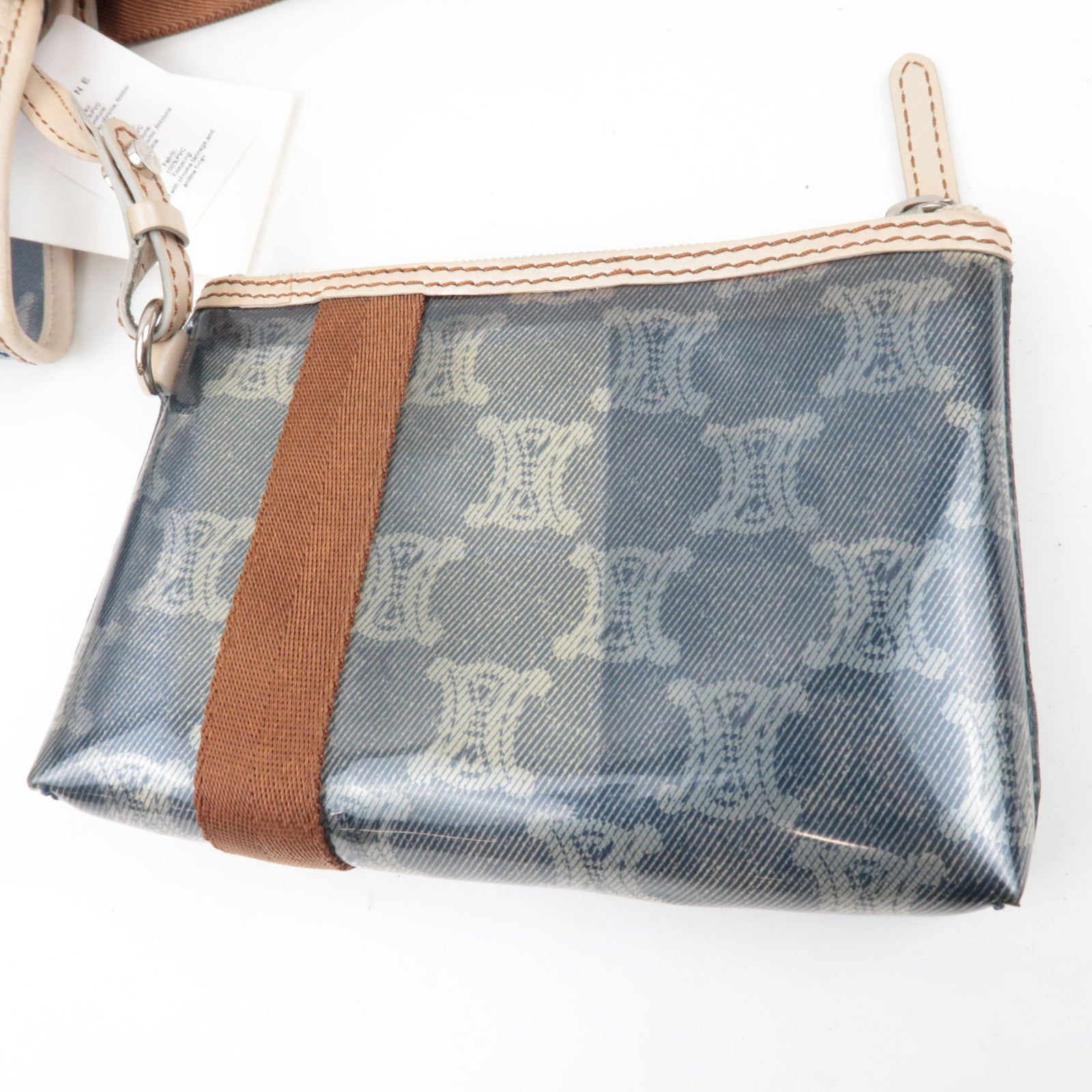 CELINE Macadam Tote Bag Vinyl Canvas Leather Clear Blue Brown *Pouch