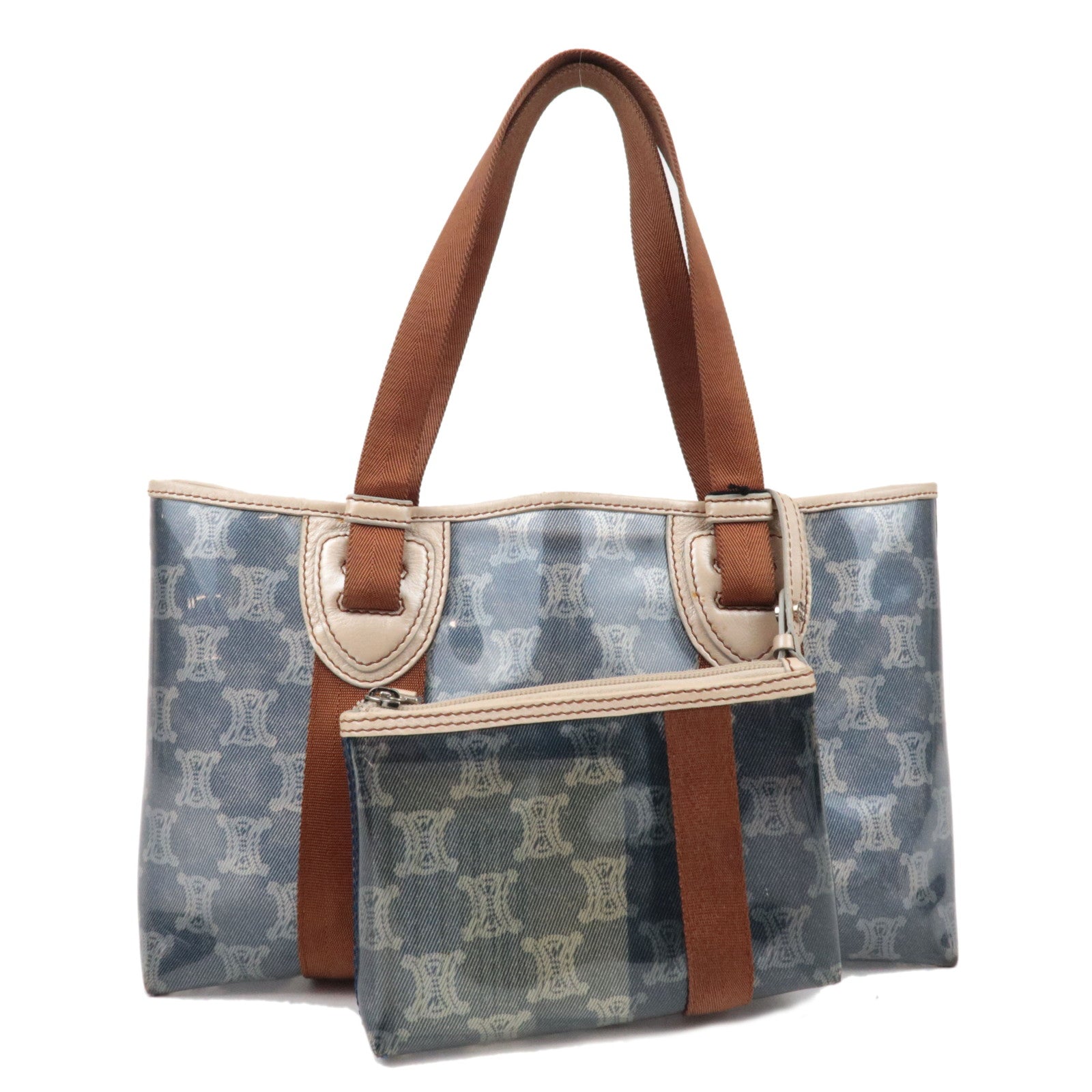 CELINE Macadam Tote Bag Vinyl Canvas Leather Clear Blue Brown *Pouch75133