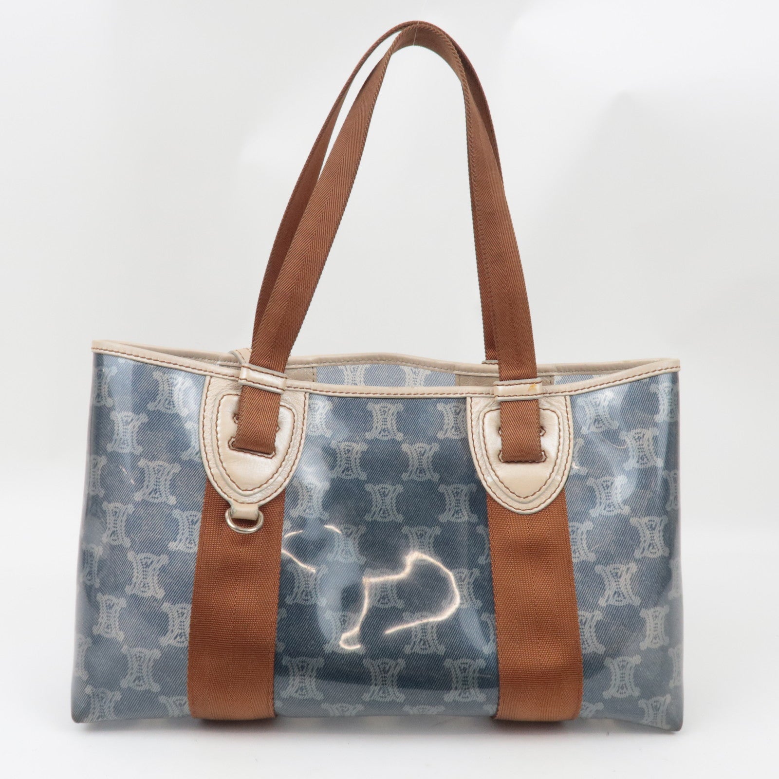 CELINE Macadam Tote Bag Vinyl Canvas Leather Clear Blue Brown *Pouch