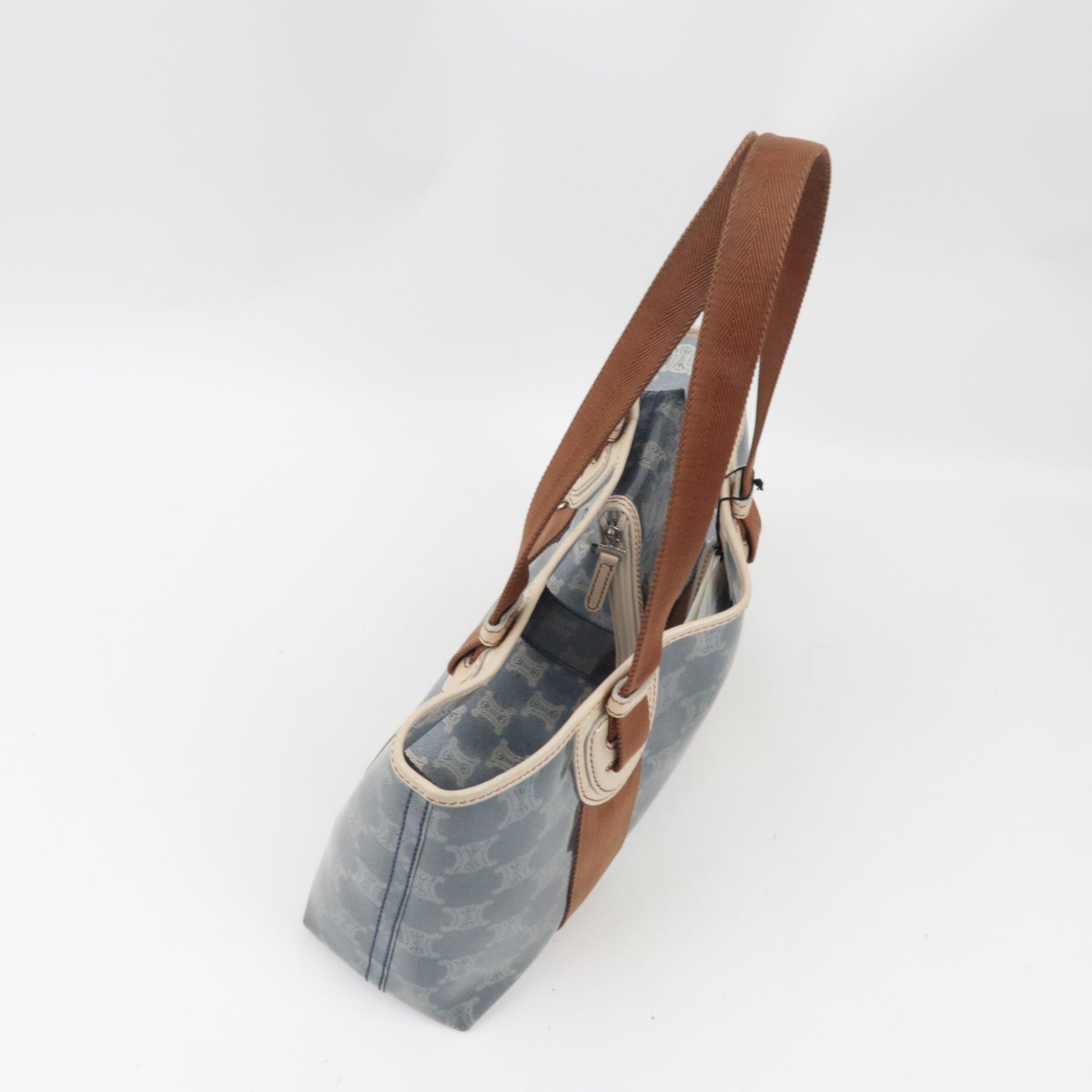 CELINE Macadam Tote Bag Vinyl Canvas Leather Clear Blue Brown *Pouch