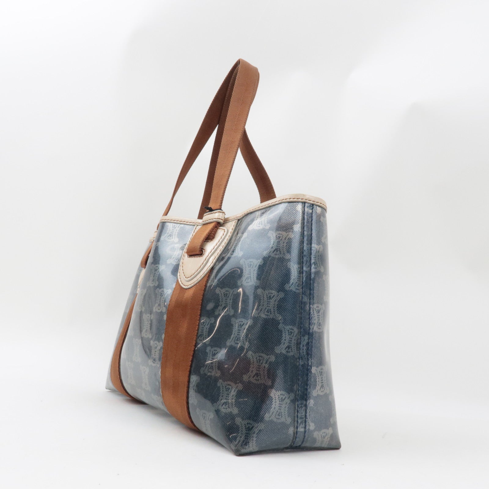 CELINE Macadam Tote Bag Vinyl Canvas Leather Clear Blue Brown *Pouch