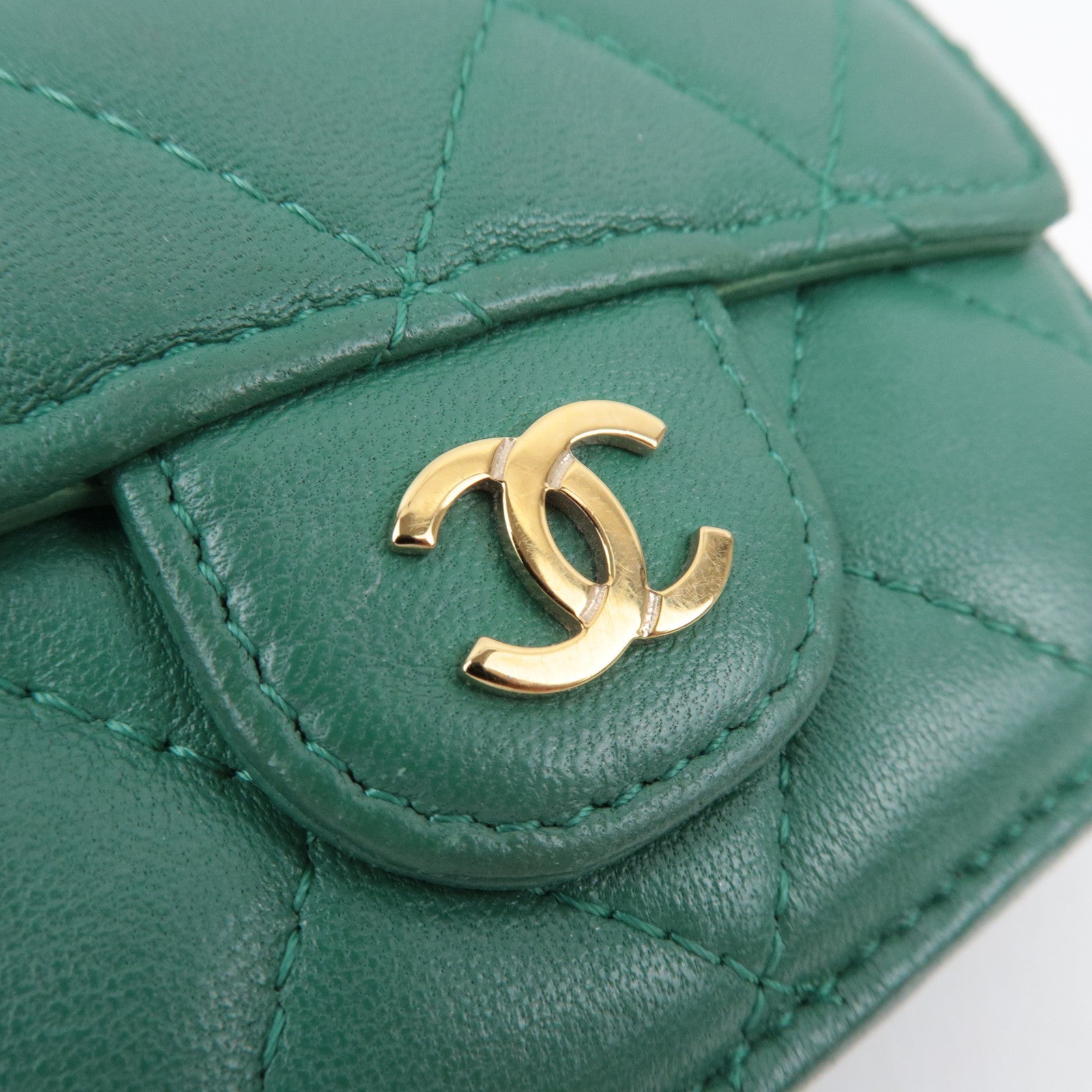 CHANEL Coco Mark Small Flap Wallet Tri-Fold Wallet Lambskin Green LHX2C090 *Box, Dust bag