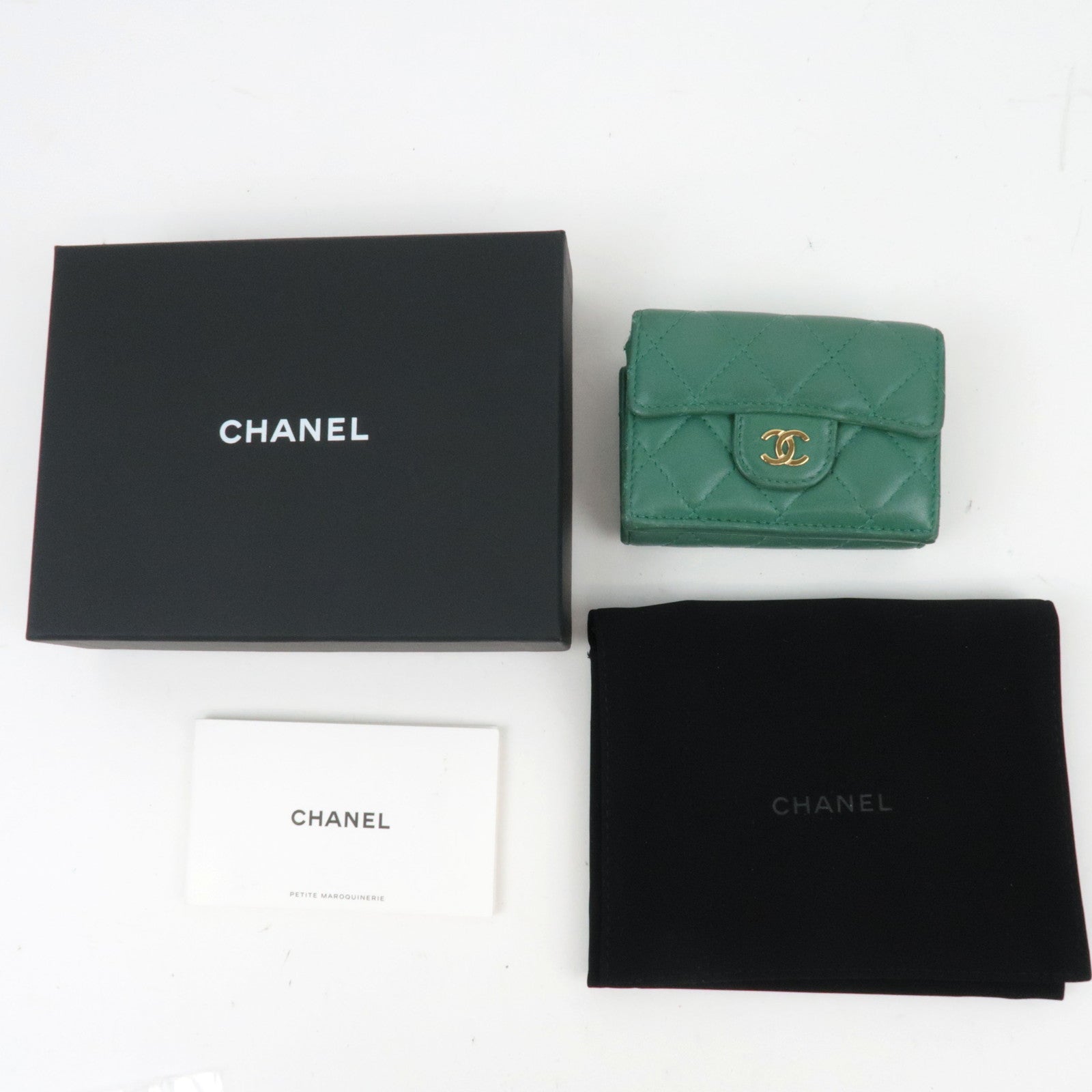 CHANEL Coco Mark Small Flap Wallet Tri-Fold Wallet Lambskin Green LHX2C090 *Box, Dust bag