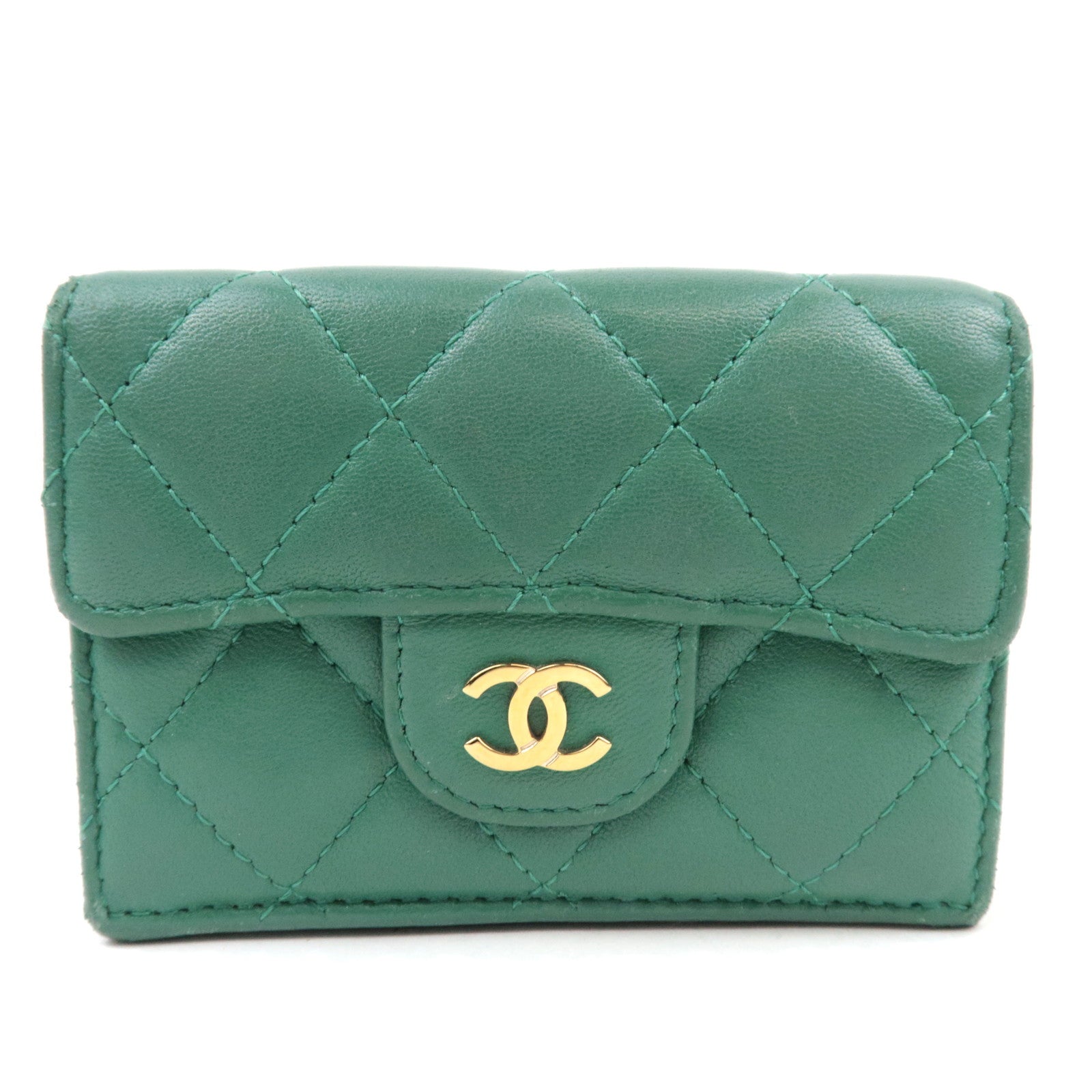 CHANEL Coco Mark Small Flap Wallet Tri-Fold Wallet Lambskin Green LHX2C090 *Box, Dust bag75147