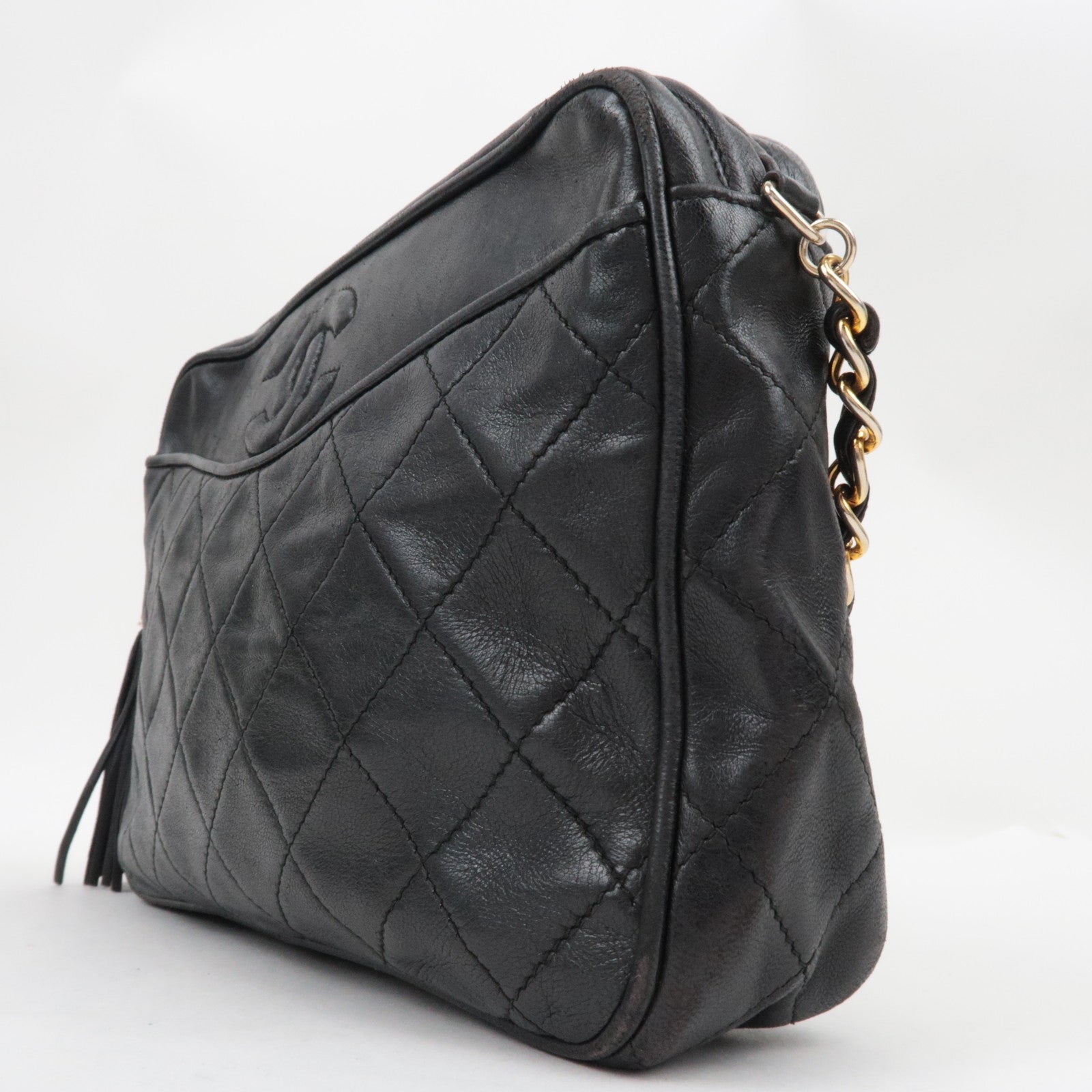 CHANEL Tassel Matelasse Chain Shoulder Bag Lambskin Black 0866733