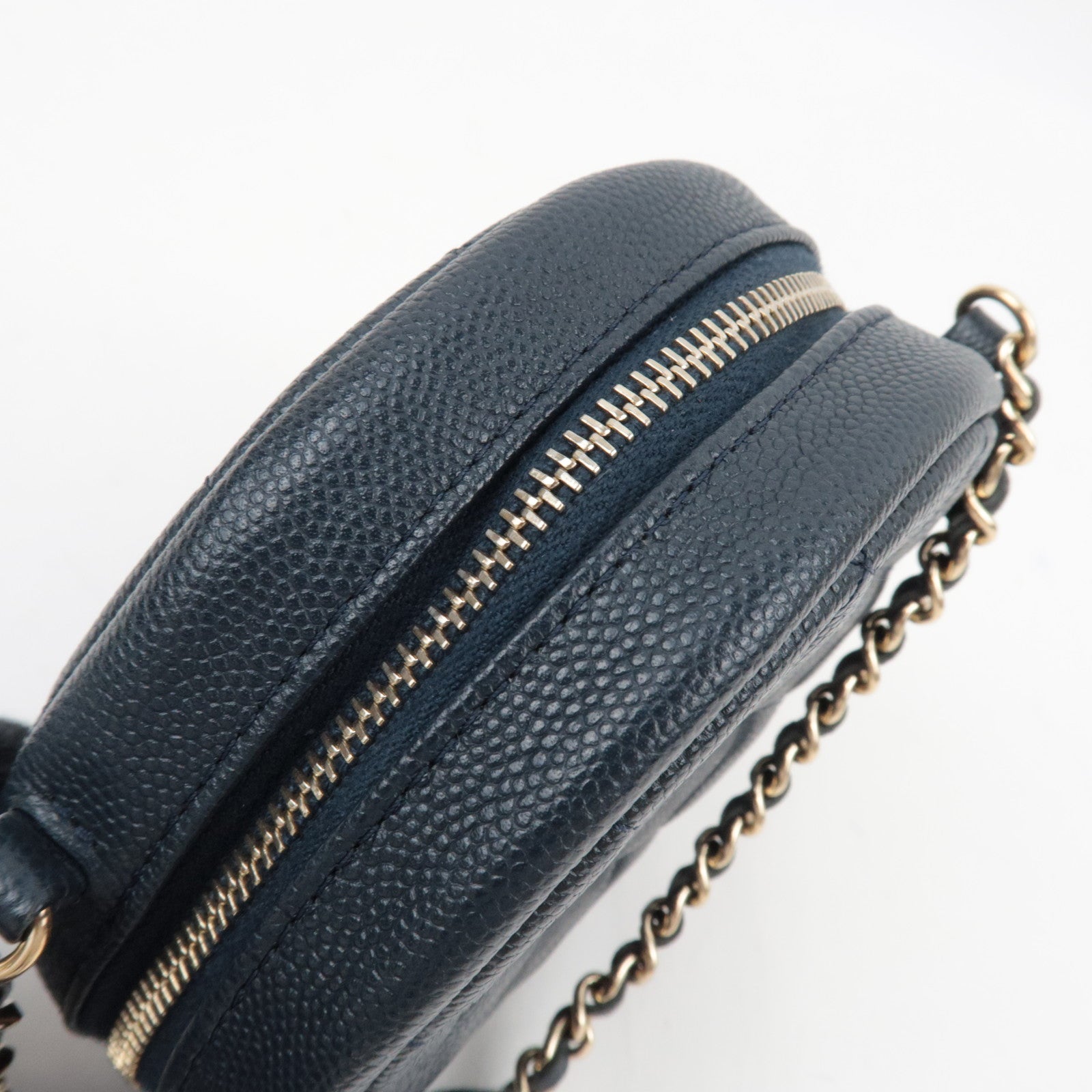 CHANEL Round Chain Shoulder Bag Caviar Skin Navy 26530997