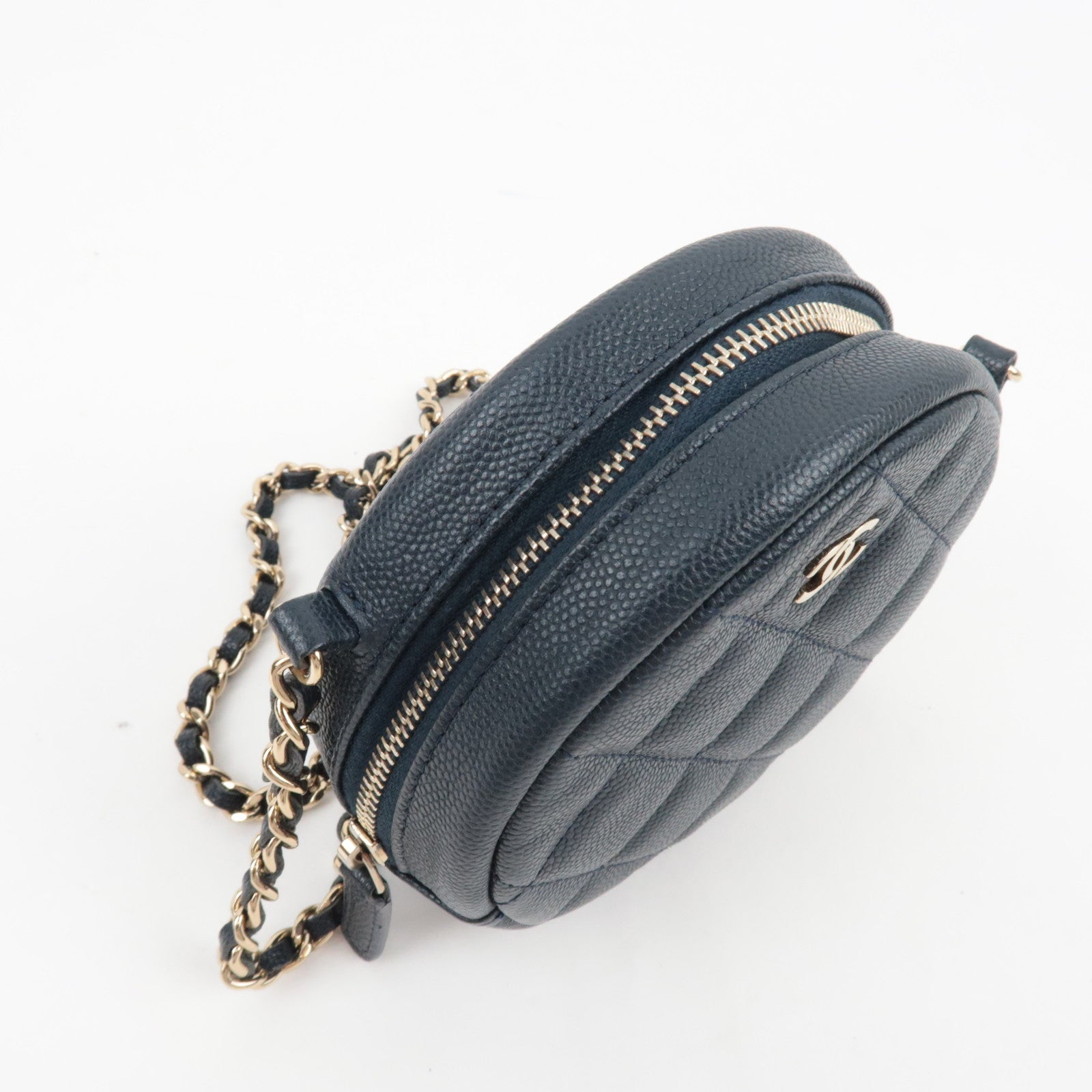 CHANEL Round Chain Shoulder Bag Caviar Skin Navy 26530997