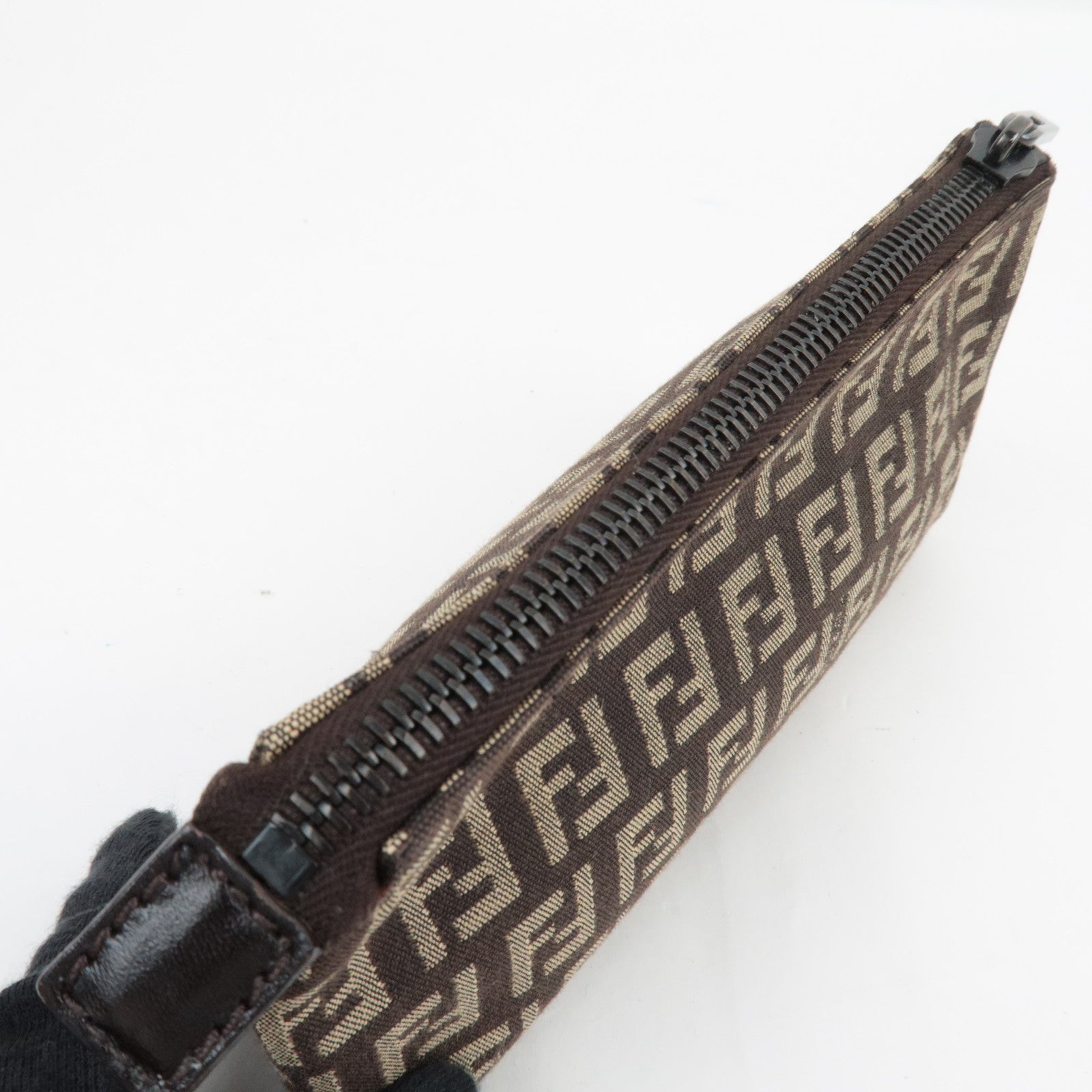 FENDI Zucchino Mini Pouch Canvas Leather Beige Brown 7N0037