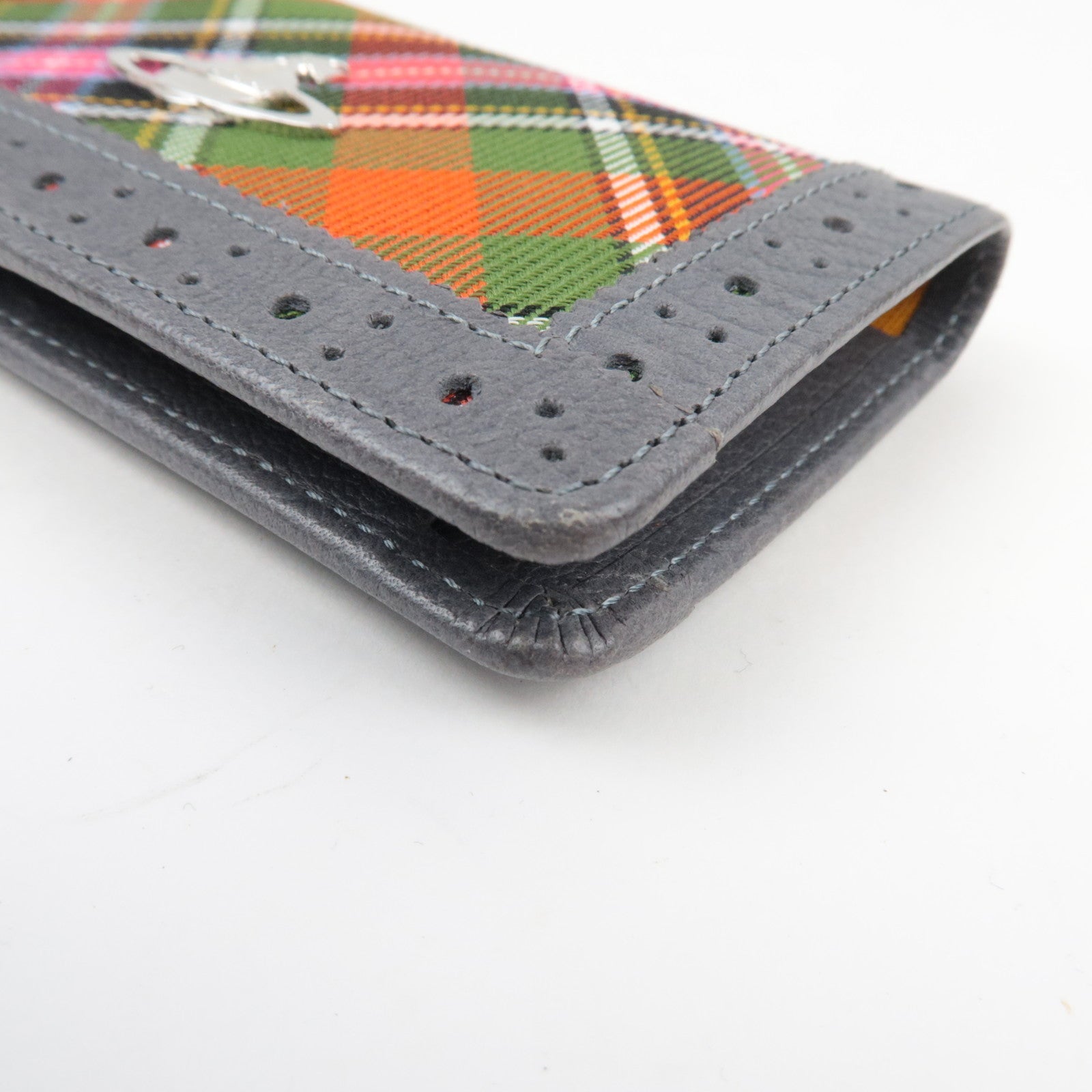 Vivienne Westwood Plaid Pattern Canvas Leather Key Case Grey Multicolor