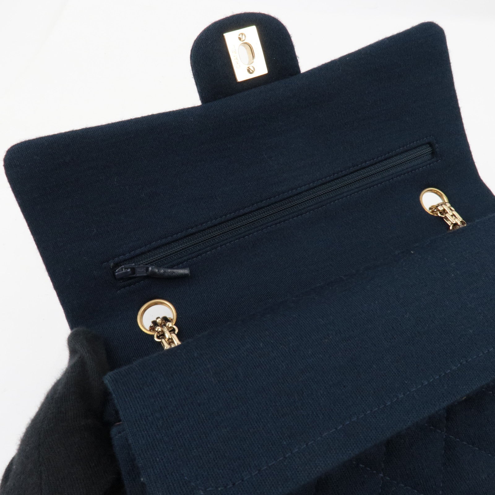 CHANEL Matelasse 25 Double Flap Chain Shoulder Bag Cotton Navy Gold HDW 7129052