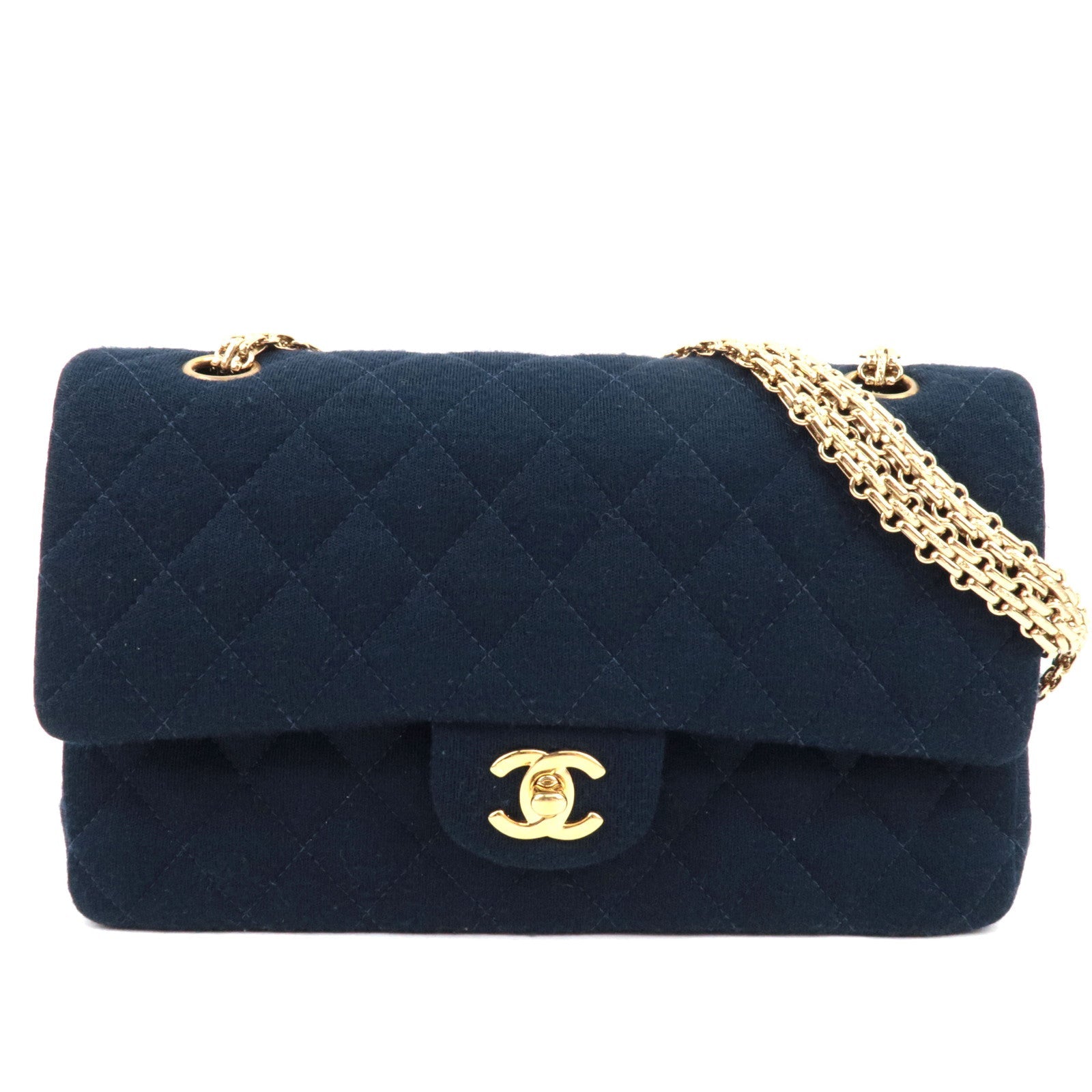 CHANEL Matelasse 25 Double Flap Chain Shoulder Bag Cotton Navy Gold HDW 7129052 75446