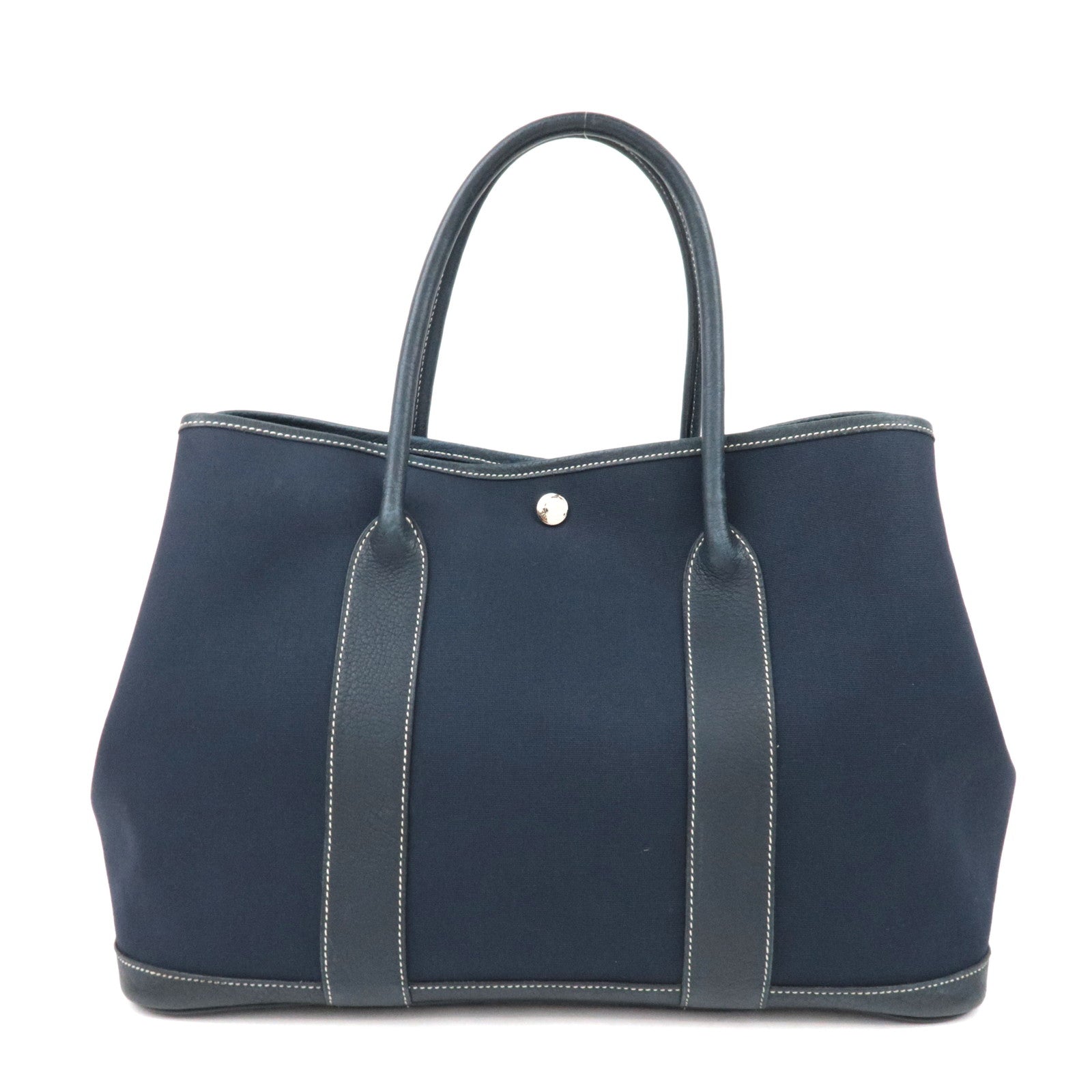 HERMES Garden Party PM Tote Bag Canvas Leather Navy □I STAMP (2005) 75755